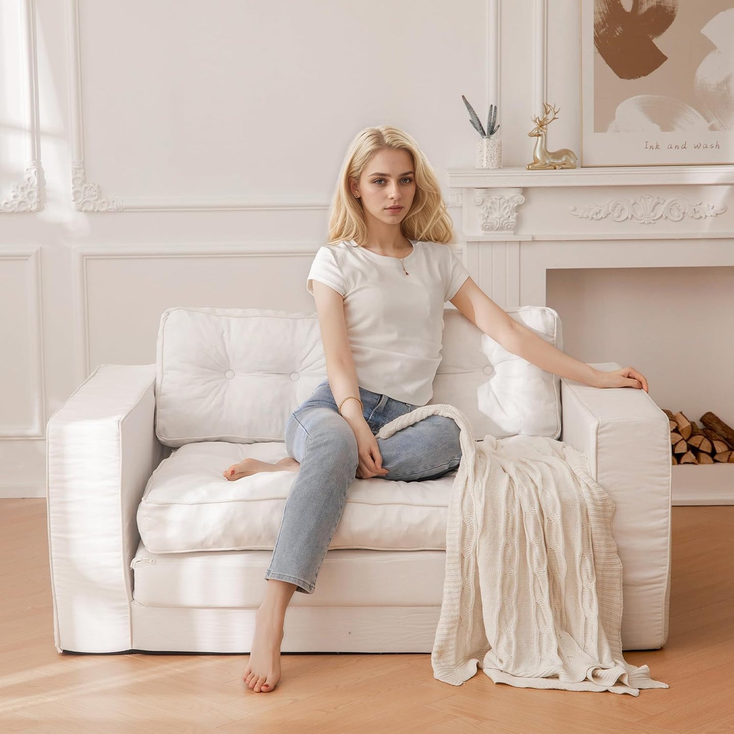 YOSHOOT Loveseat Sleeper Sofa,55" Convertible Sofa Bed Couch Futon Couches for Living Room,3-in-1 Pull Out Floor Couch with Reclining Backrest and Pillows, Beige