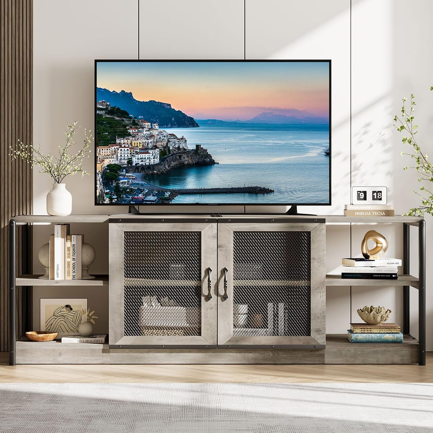GarveeHome Farmhouse TV Stand for 75/80 Inch TVs, Entertainment Center with Storage Cabinet, 71'' Rustic TV Media Console Table, Furniture for Living Room, Grey