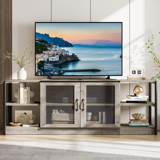GarveeHome Farmhouse TV Stand for 75/80 Inch TVs, Entertainment Center with Storage Cabinet, 71'' Rustic TV Media Console Table, Furniture for Living Room, Grey