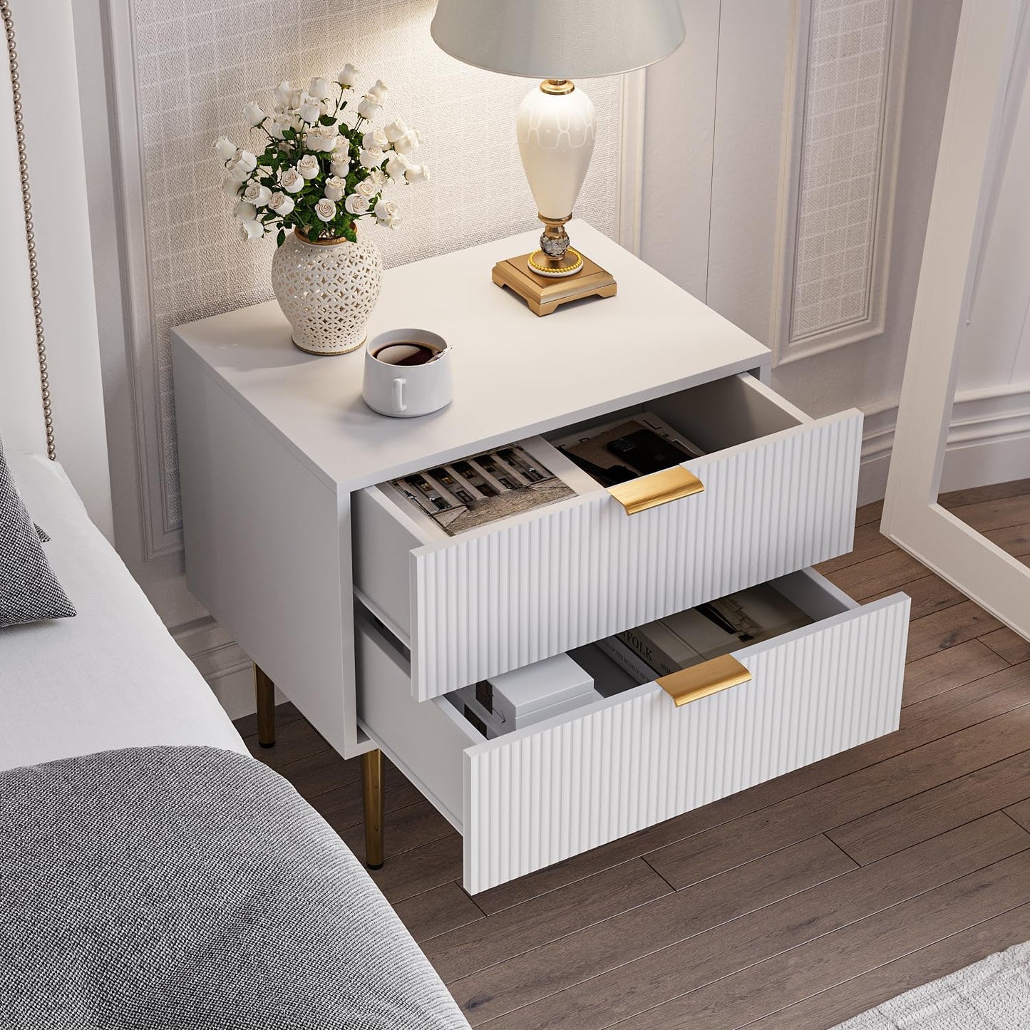White Nightstand for Bedroom, Fluted Night Stand Set of 2, Mid Century Modern Bedside Table with Gold Metal Legs