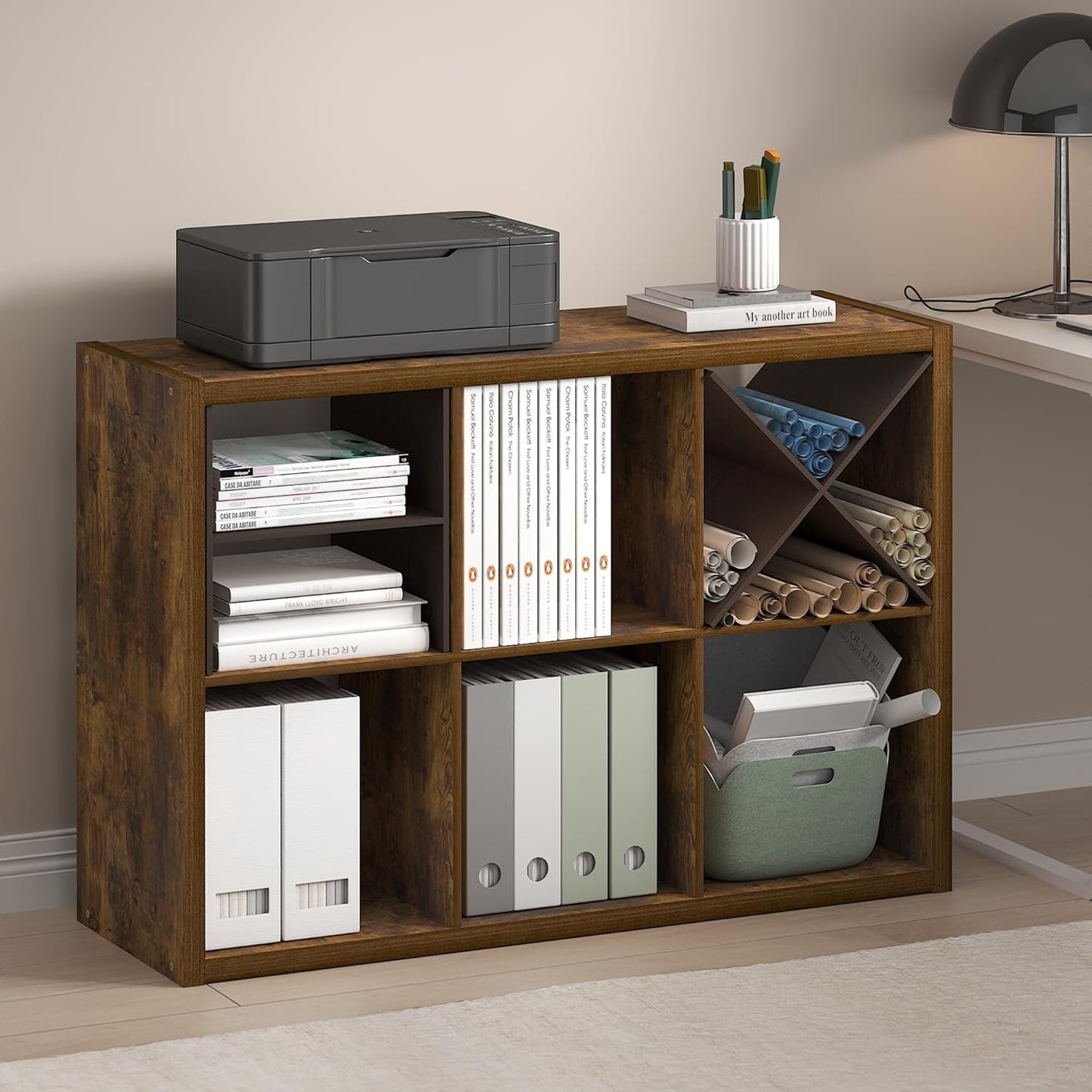 Furinno Cubicle Open Back Decorative Cube Storage Organizer, 6-Cube, Amber Pine