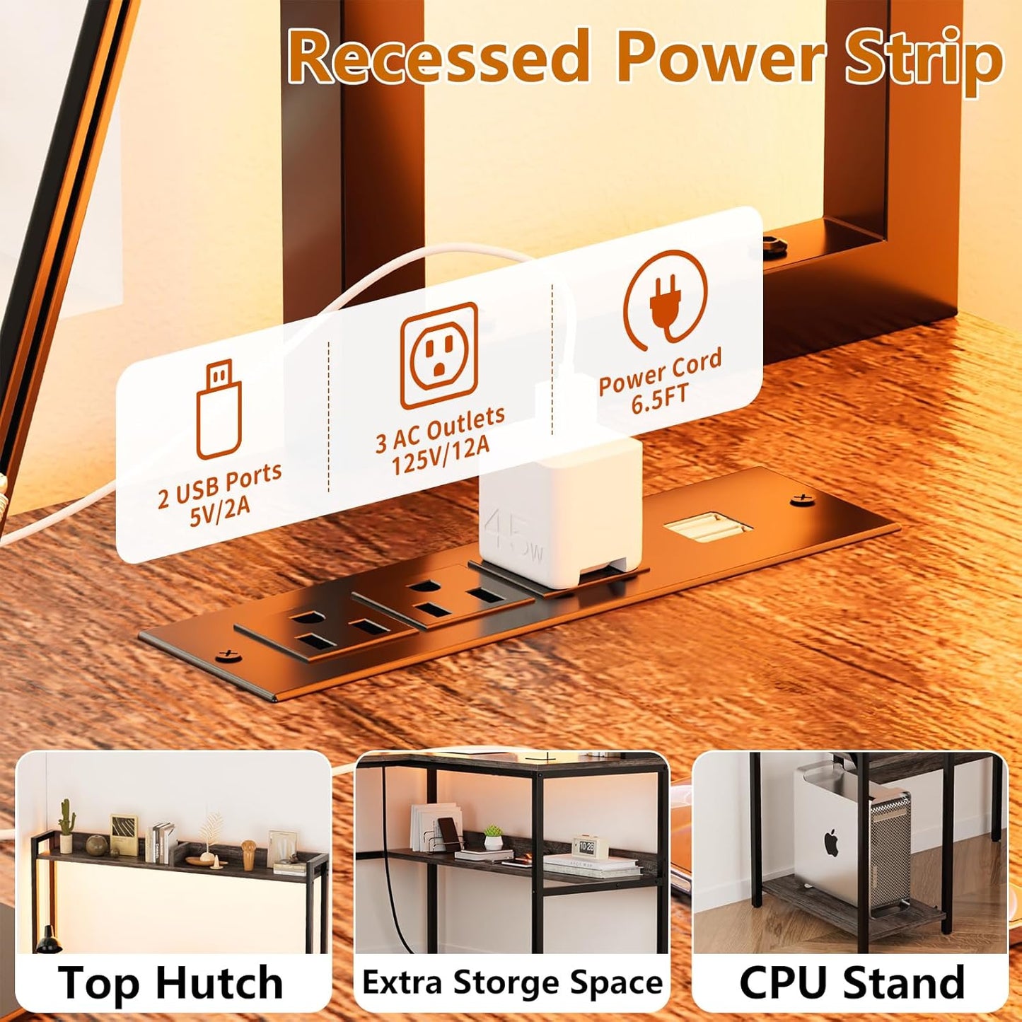 L Shaped Computer Desk with Hutch and Storage Shelves, Gaming Desk with LED Lights, Reversible L-Shaped Desk with Power Outlets, Home Office Desk, Corner Desk, Black Oak