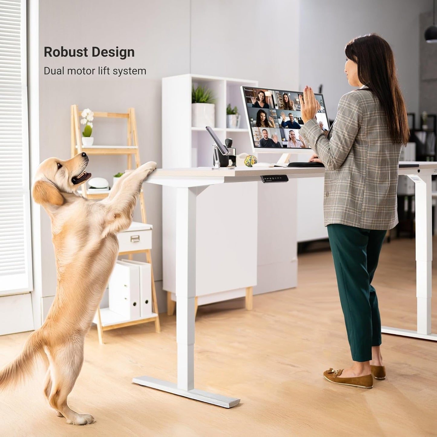 Progressive Desk Stand Up Adjustable Height Electric Standing Desk - 60"x30" Dual Motor, Computer Workstation Sit Stand Table for Home Office - Warm White, Gray Frame