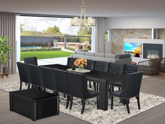 X12FO-0C6-24 - 14-piece Dining Room Table Set a Rectangular Dining Table with a coffee Table and 12 Black Linen Fabric kitchen Chair, 39x120 Inch, Wire Brushed Black