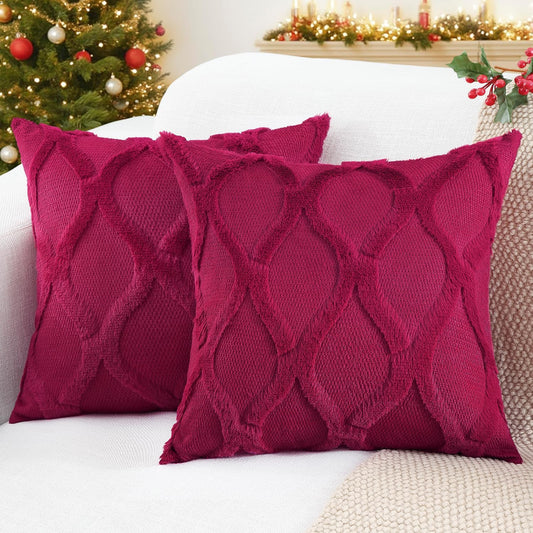 decorUhome Throw Pillow Covers 26x26 Inch Set of 2, Soft Plush Faux Fur Wool Burgundy Couch Pillow Covers, Decorative Neutral Pillow Cases for Bed Sofa Living Room Home Decor
