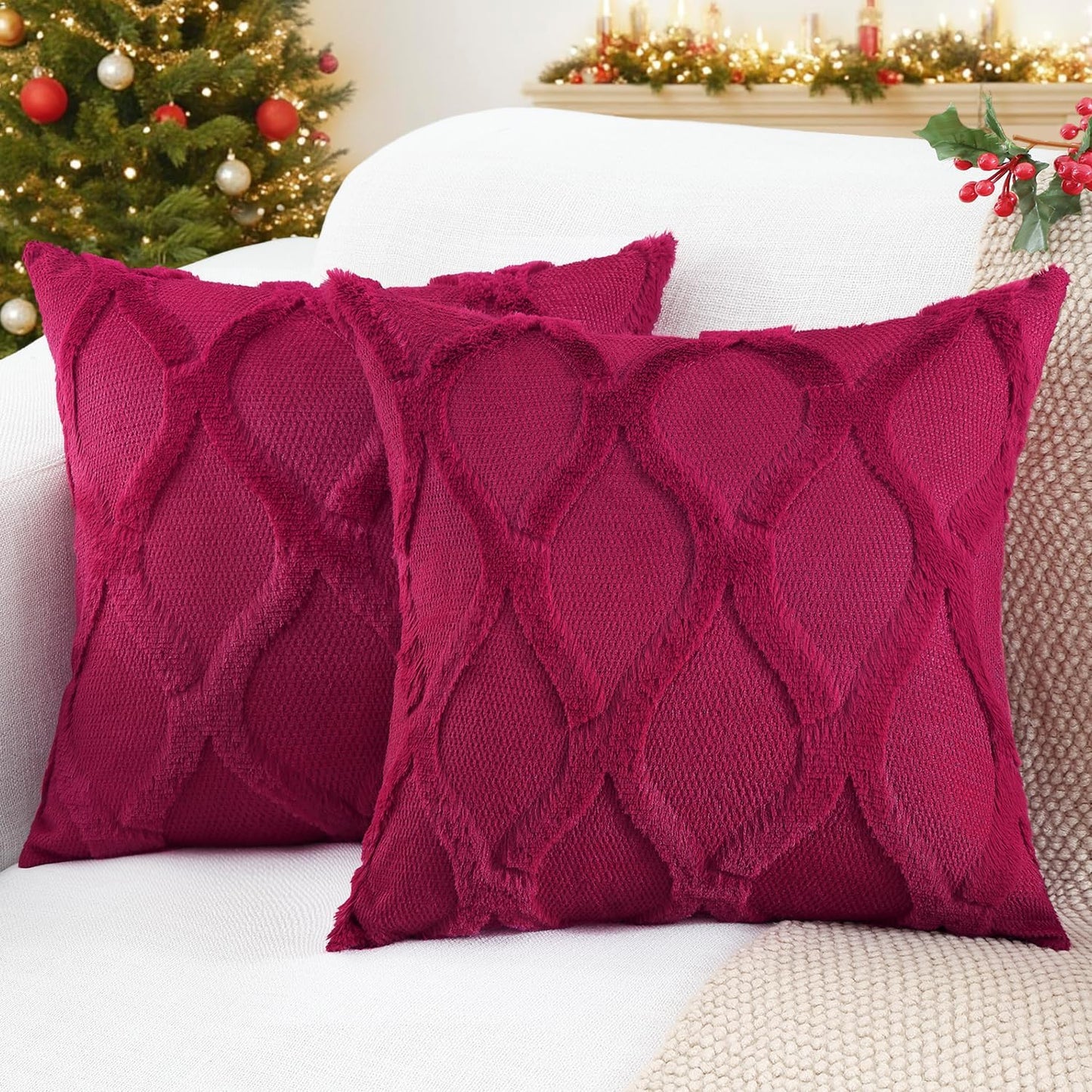 decorUhome Throw Pillow Covers 24x24 Inch Set of 2, Soft Plush Faux Fur Wool Burgundy Couch Pillow Covers, Decorative Neutral Pillow Cases for Bed Sofa Living Room Home Decor
