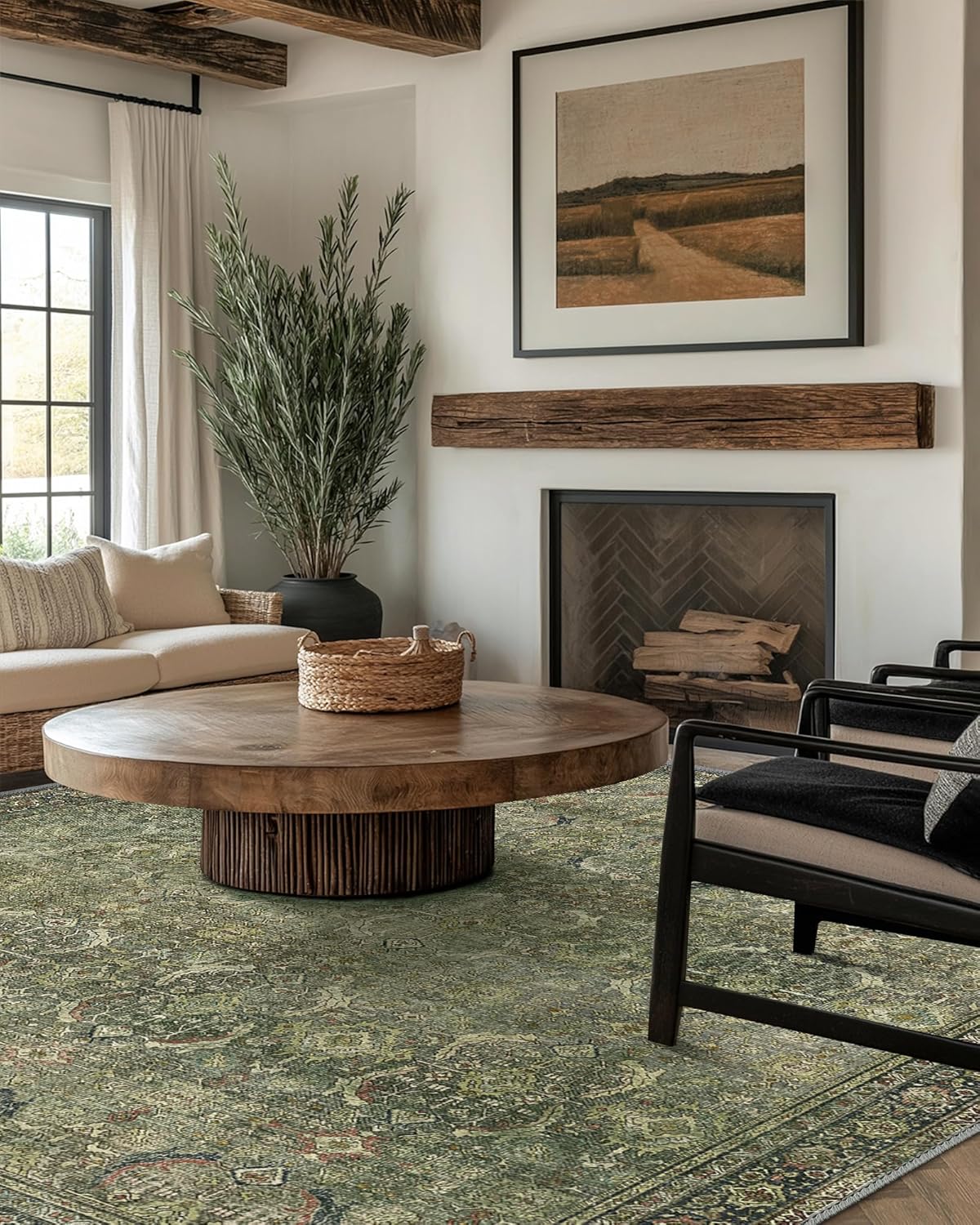 9X12 Area Rugs Machine Washable Rugs for Living Room, Vintage Boho Large Rugs for Bedroom Dining Room, Non Slip Indoor Soft Distressed Lightweight Thin Low Pile Carpet, Green