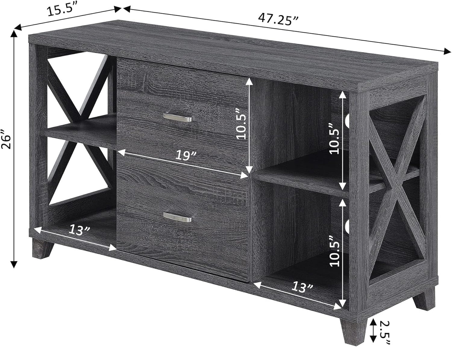 Convenience Concepts Oxford Deluxe 2 Drawer TV Stand with Shelves for TVs up to 55 Inches, Weathered Gray