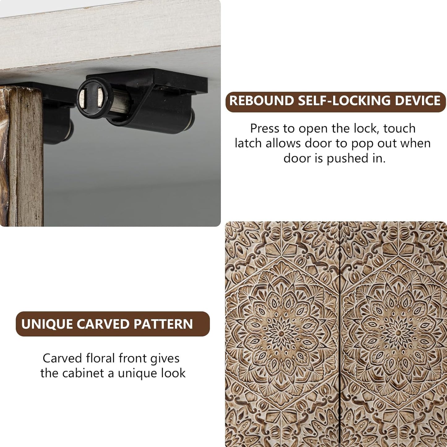 COSIEST Set of 3 32" Buffet Sideboard Cabinets with Vintage Firework Carved Pinewood Doors, Push-to-Open Storage Accent Cabinets, Gray