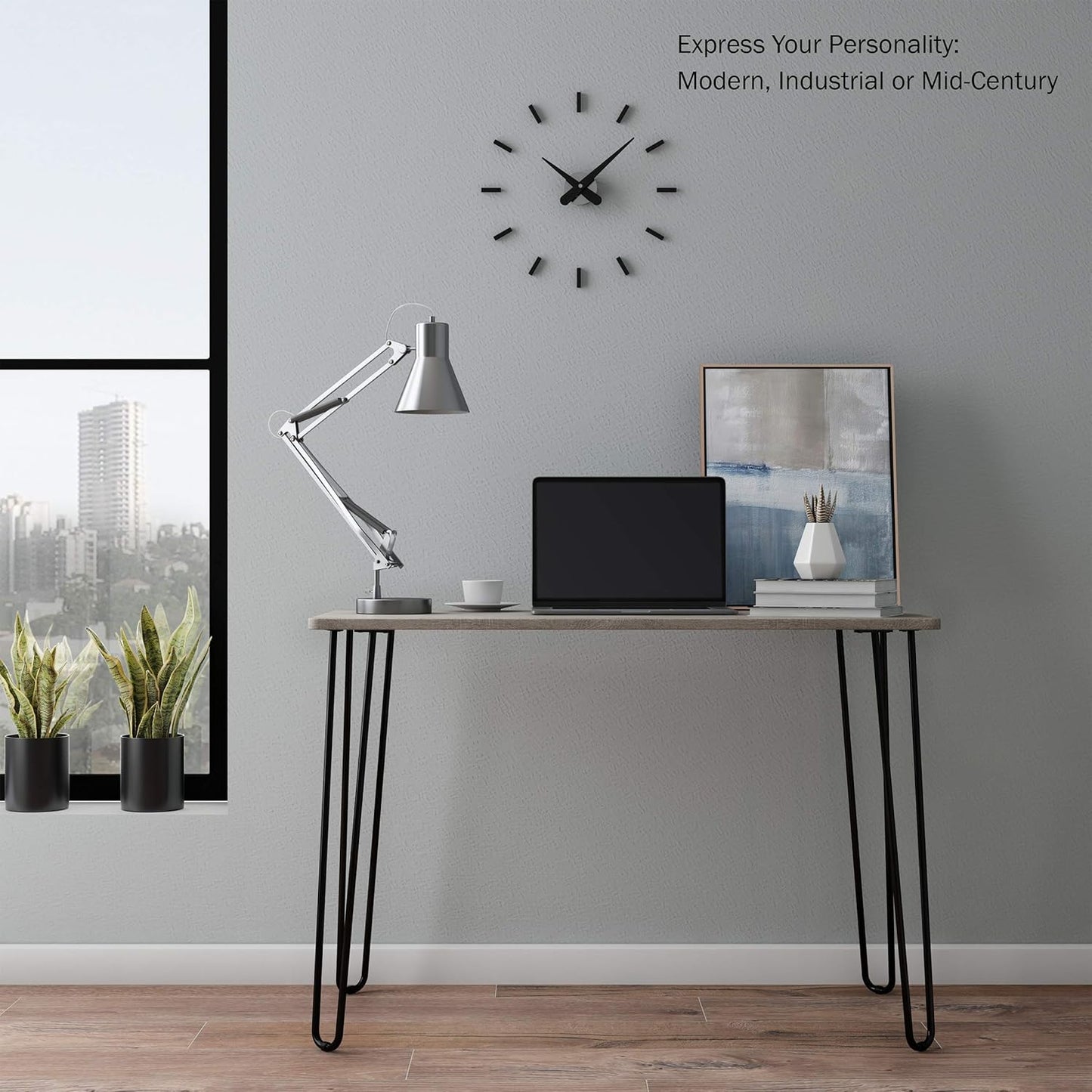 Desk with Hairpin Legs - Modern Industrial Style Home Decor - Woodgrain-Look and Steel Accent Home Office Furniture by Lavish Home (Gray)