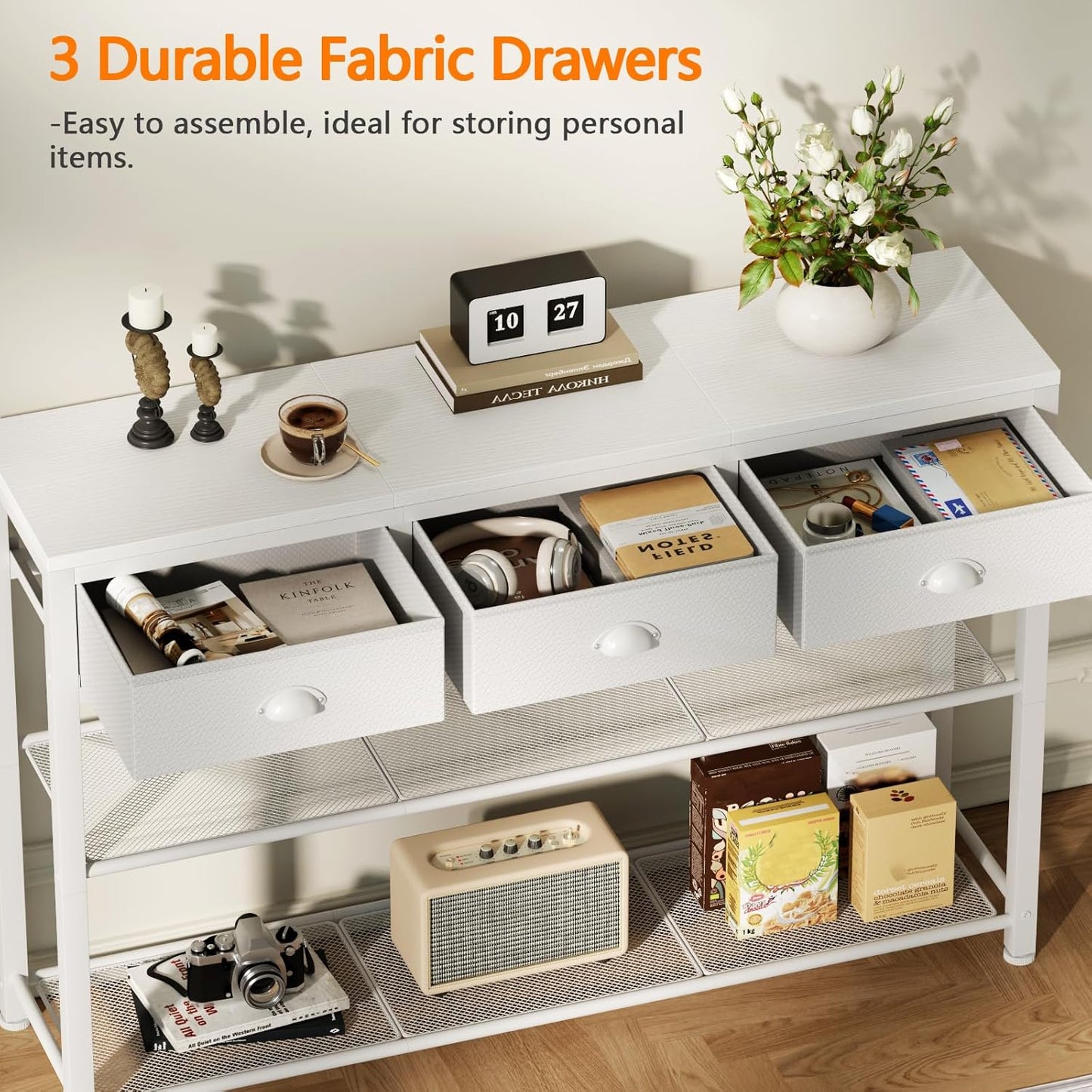Furologee White Entryway Table, 38'' Console Sofa Table with 3 Fabric Drawers, Industrial Entry Way Table with Storage Shelves, Display Shelf for Living Room, Hallway, Entrance, Foyer