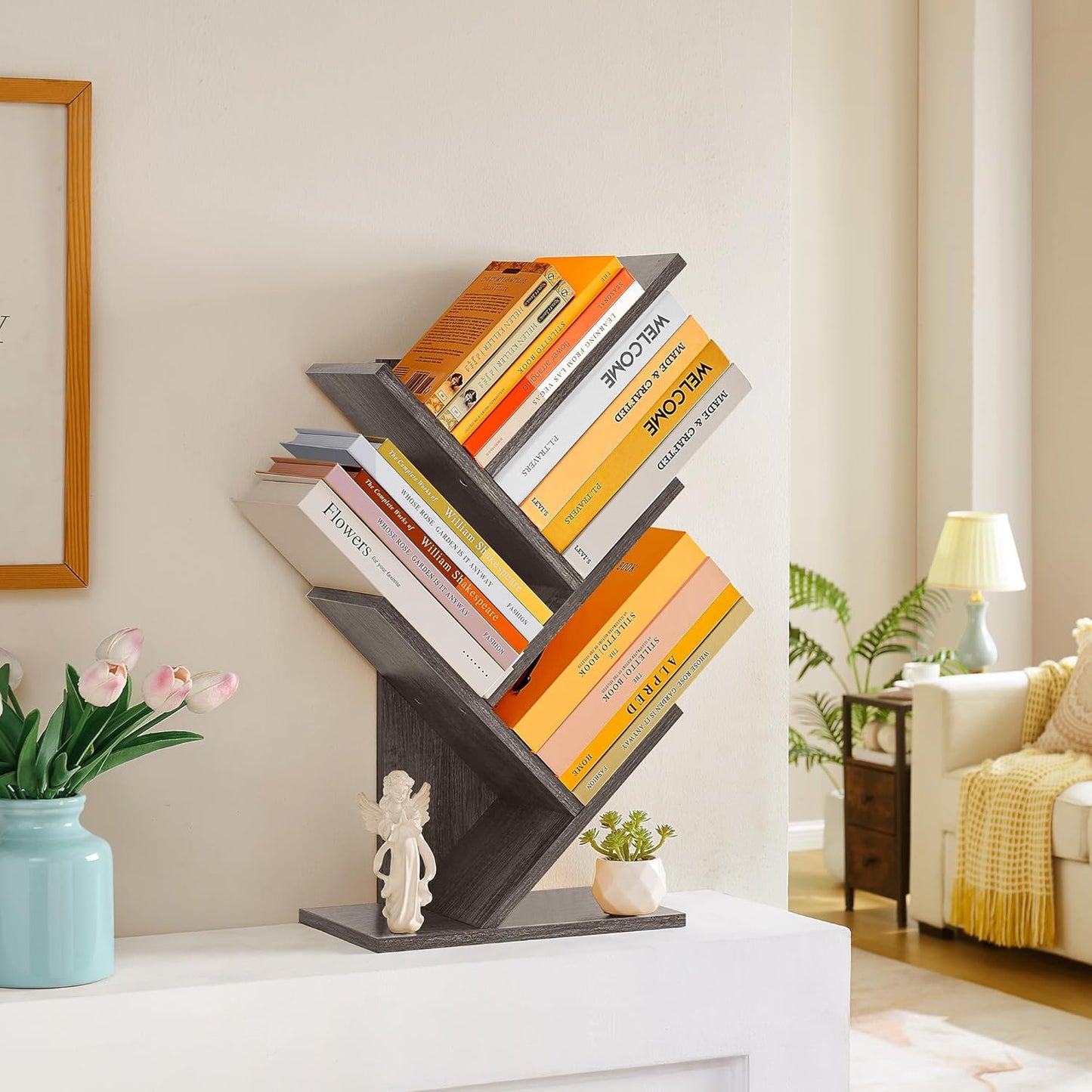 Hoctieon 4 Tier Tree Bookshelf, 4 Shelf Bookcase, Free Standing Tree Bookcase, Display Floor Standing Shelf for Books, Book Organizer Shelves for Home Office, Living Room, Bedroom, Grey