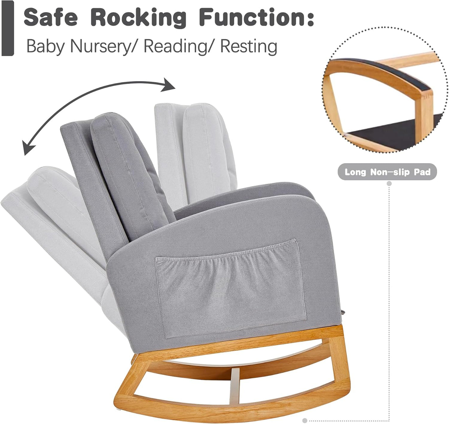VECELO Rocking Chair Nursery, Modern Sherpa Glider Rocker Accent Arm Chair with High Back and Side Pocket, Cozy Rocking Armchair for LivingRoom, Bedroom, Gray