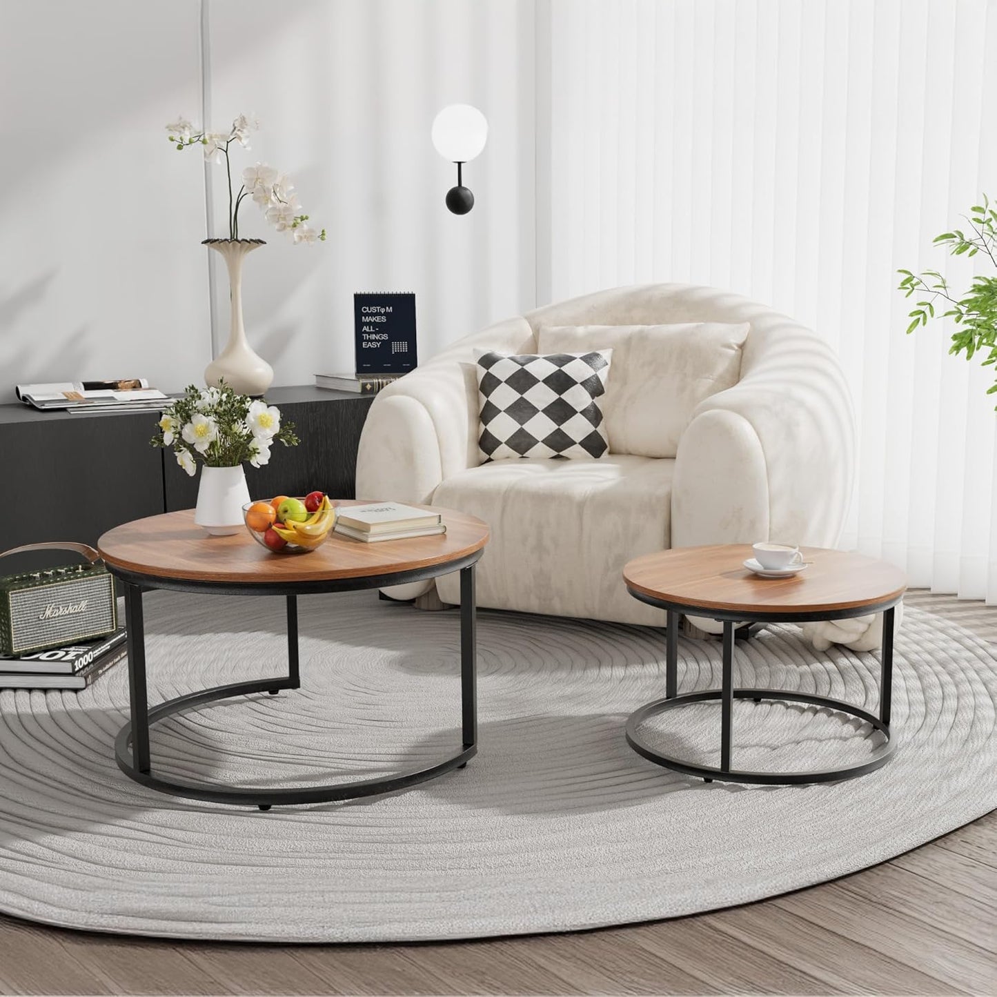 Nesting Tables Set of 2, 31.5" Round Coffee Table, Small Nesting Coffee Table with Adjustable Non-Slip Fee, Wood Grain Top Nesting Tables for Living Room, Bedroom (Wood Grain Brown)