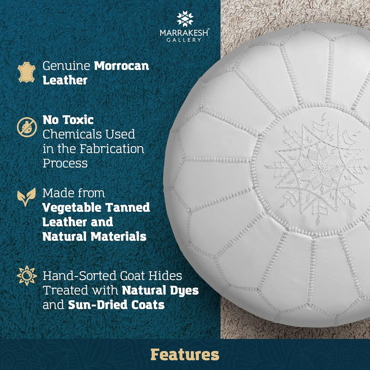 Marrakesh Gallery Genuine Leather Round Pouf Unstuffed - Moroccan Ottoman Footstool, Footrest Cover - Boho Decor - Bohemian Living Room, Bedroom, Kids Room, Gift & Wedding