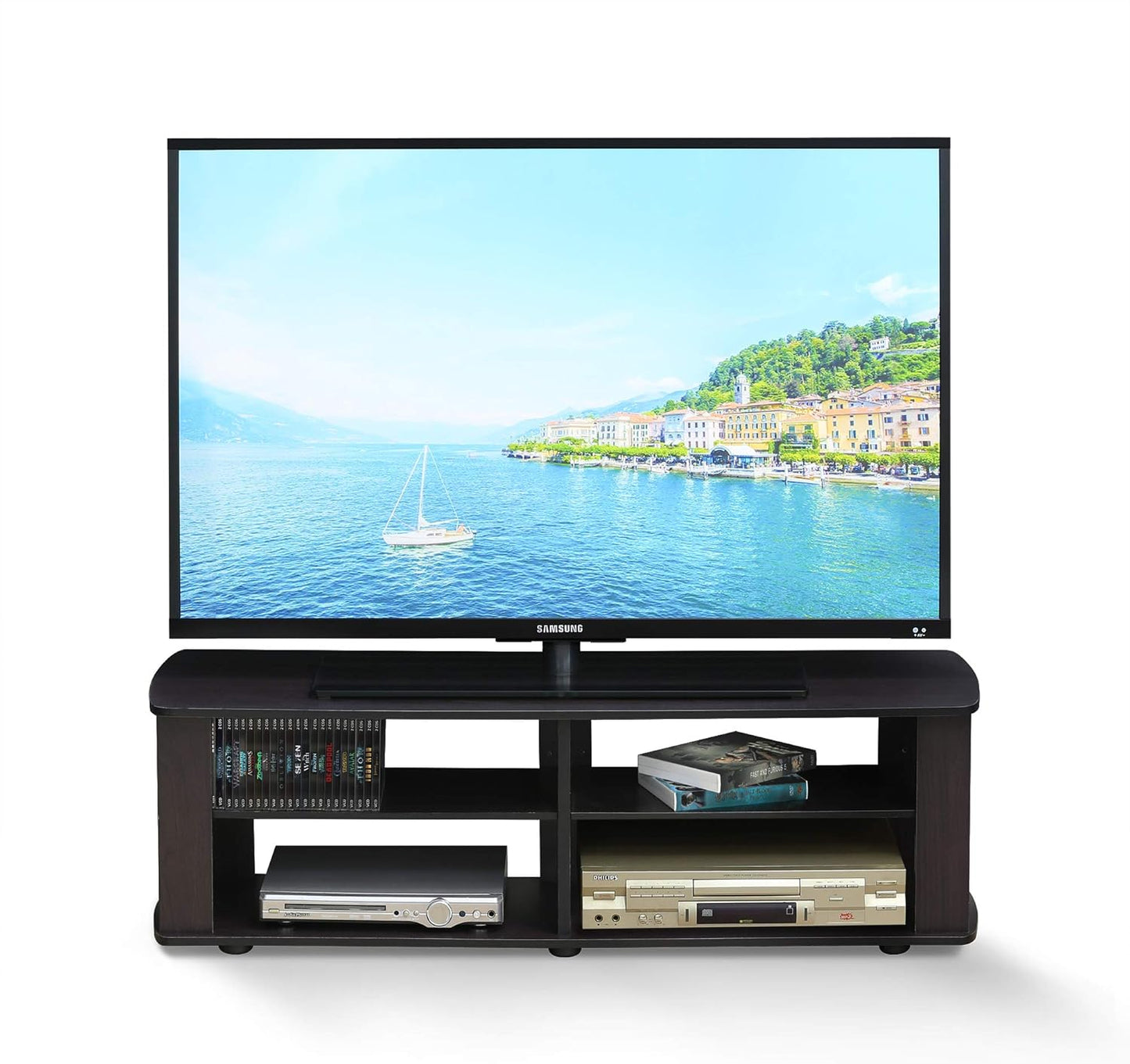 Furinno Nelly Entertainment Center TV Stand, Short 43.3"(W) x13.4(H) x13.1(D), Dark Walnut