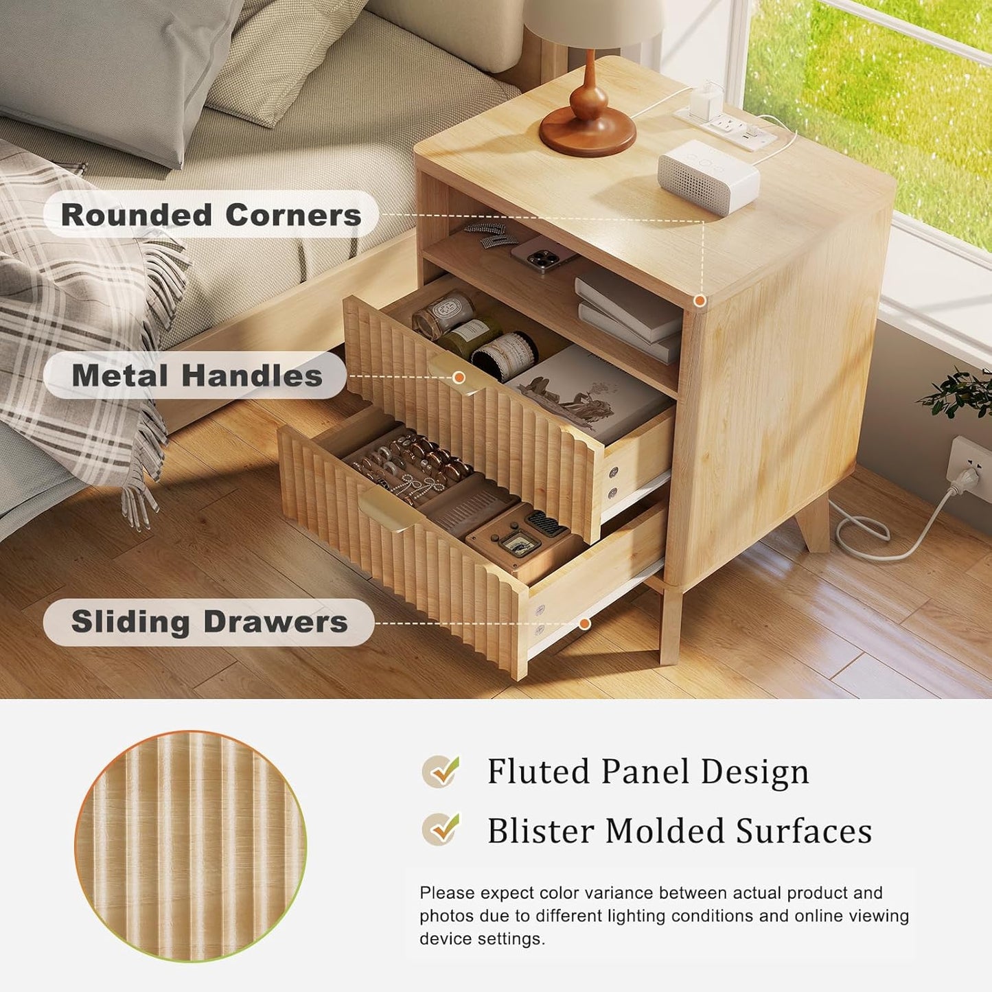 LYNCOHOME Fluted Nightstand Set of 2 with Charging Station, 19.7 inch Wide with 2 Drawers, Modern Wood Bedside Table for Bedroom, Natural