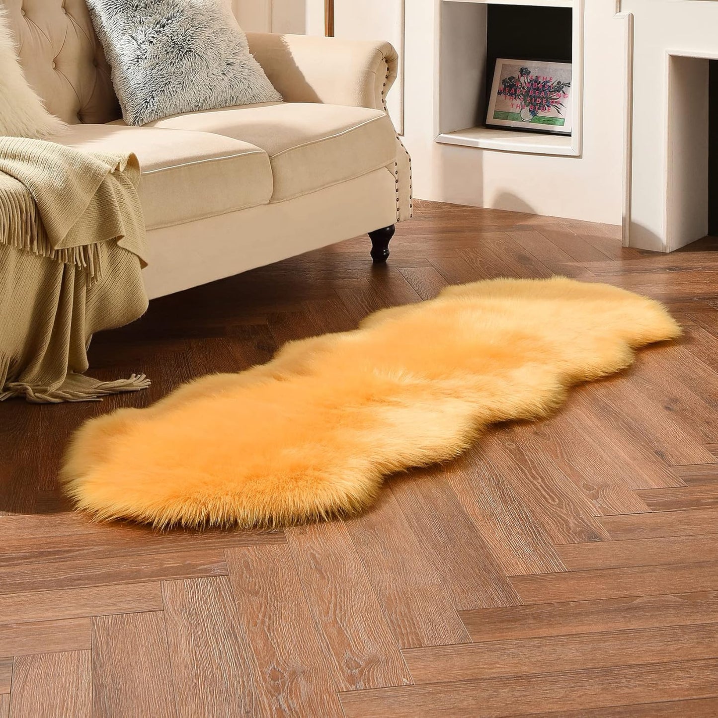 duduta Yellow Faux Sheepskin Runner Rugs 2x6 ft, Fluffy Shag Bedroom Rug Fur Sofa Couch Covers Washable