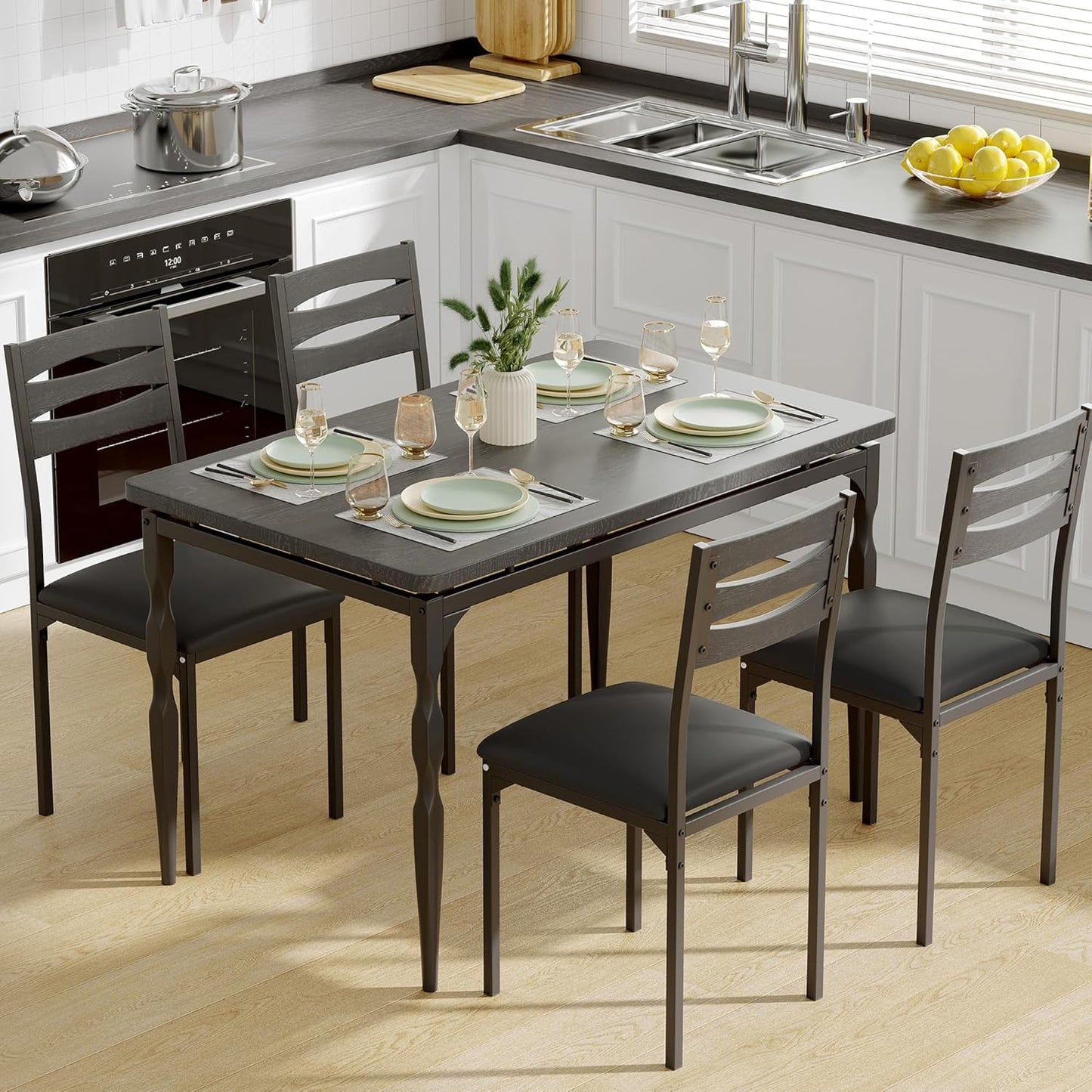 GarveeHome 5 Piece Dining Table Set, Industrial Style Dining Table and Chairs Set for 4, Kitchen Table Set for Dining Room Kitchen Apartment, Black