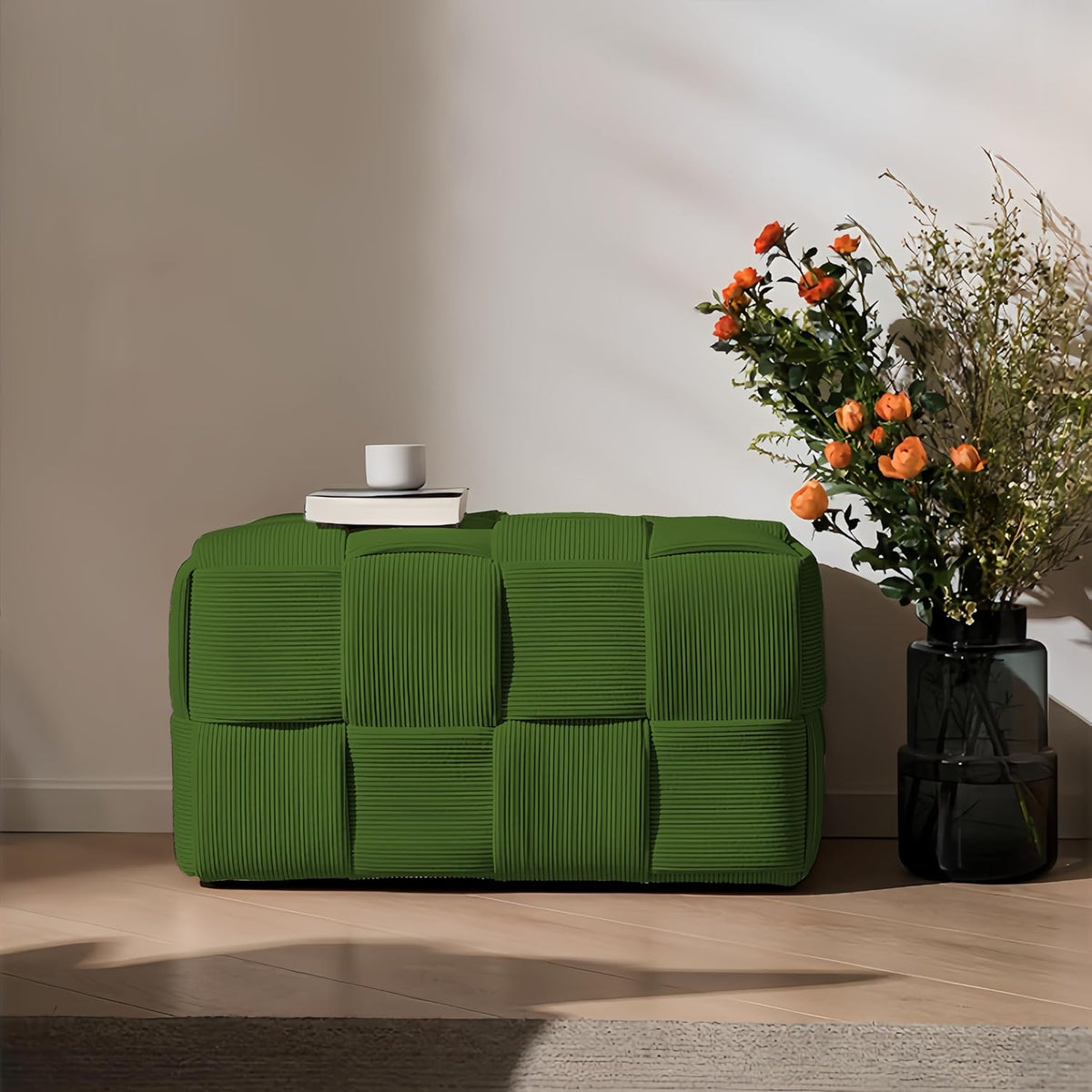 Ottoman Foot Rest Soft and Comfortable Ottoman Square Corduroy Woven Design Sofa Stool (Green-L)