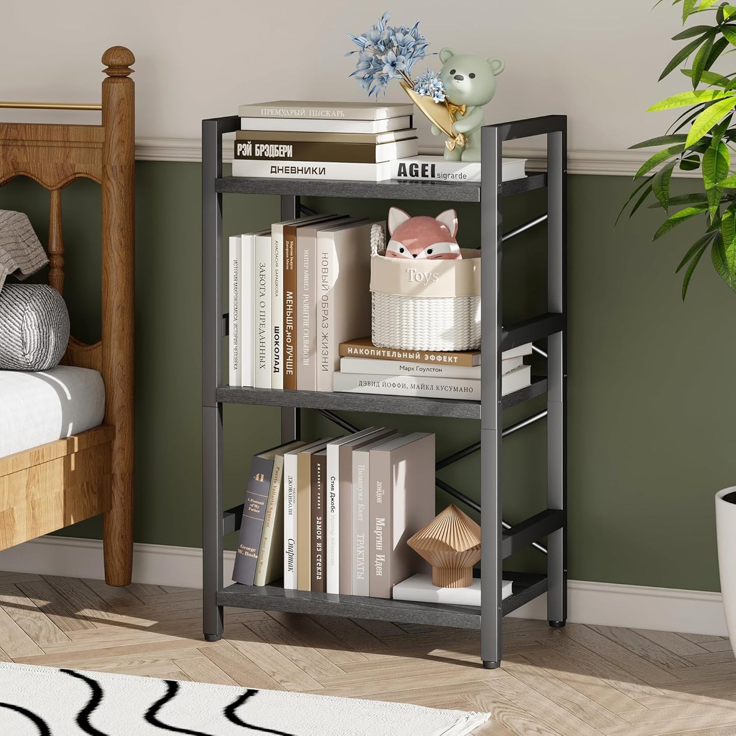 Homeiju Bookshelf, 3 Tier Industrial Bookcase, Metal Small Bookcase, Rustic Etagere Book Shelf Storage Organizer for Living Room, Bedroom, and Home Office(Black) Patent Pending D29873033