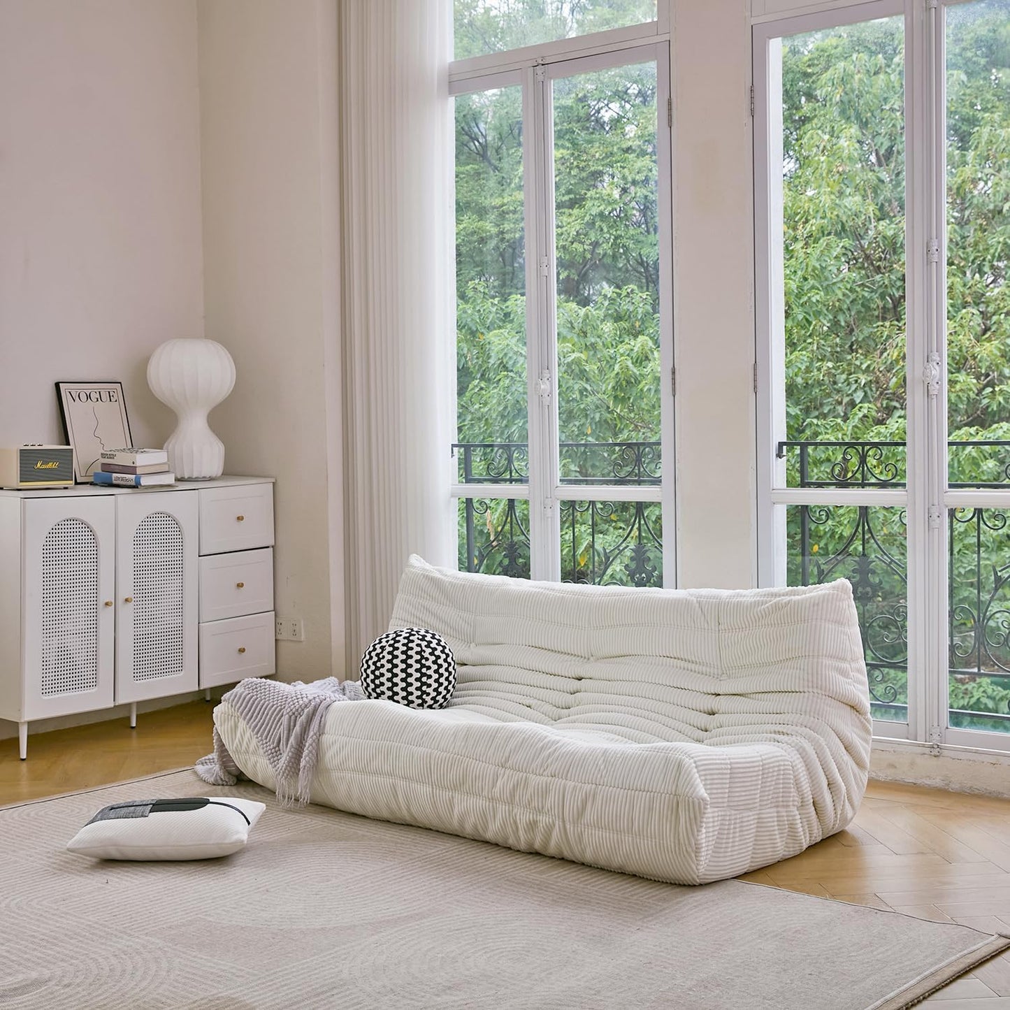 N&V Fireside Three Seater, Mid Century Armless Twin Size Floor Sofa, Soft Premium Corduroy Floor Lounge Chair, Foam Sofa Accent Chair for Living Room, Bedroom (Tangerine)