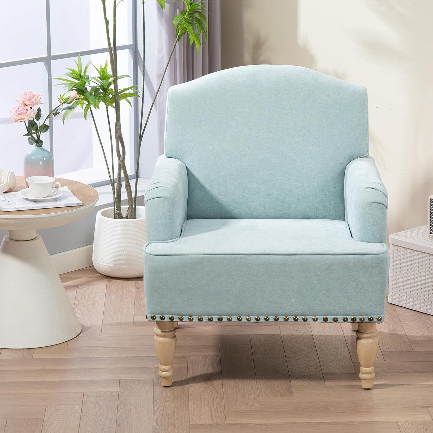 Ball & Cast Modern Accent Chair with Retro Wooden Legs & Nailhead Trim,Small Fabric Club Chair,Comfy Upholstered Armchair Lounge Seat for Bedroom Living Room Single Sofa, Sage