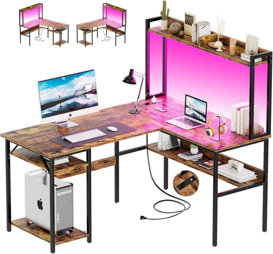 L Shaped Computer Desk with Hutch and Storage Shelves, Gaming Desk with LED Lights, Reversible L-Shaped Desk with Power Outlets, Home Office Desk, Corner Desk, Rustic Brown
