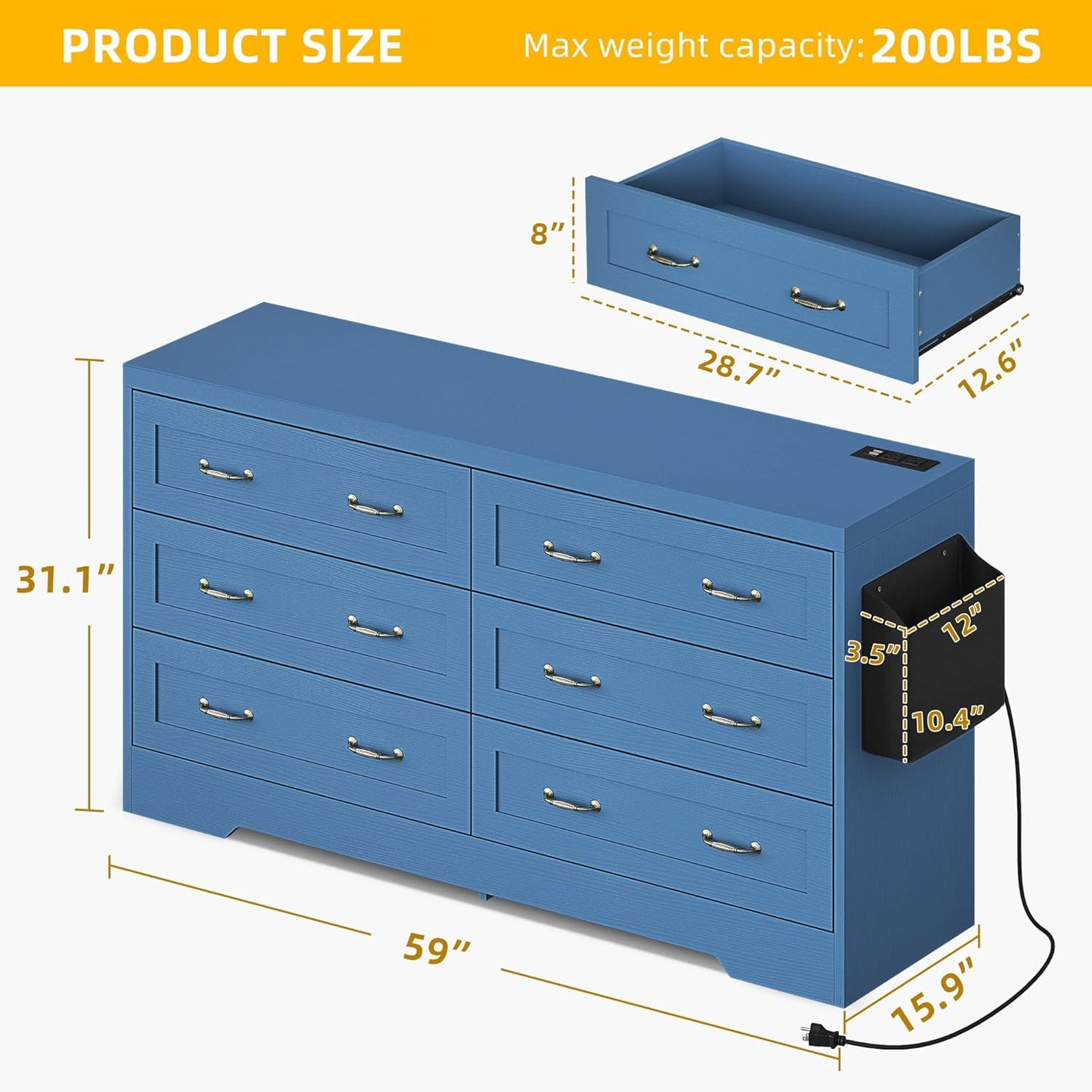 YITAHOME Drawers TV Stand for 65 inches with Power Outlets -Chest of Drawers Dresser with Side Organizer Bag Entertainment Center TV Console, Blue