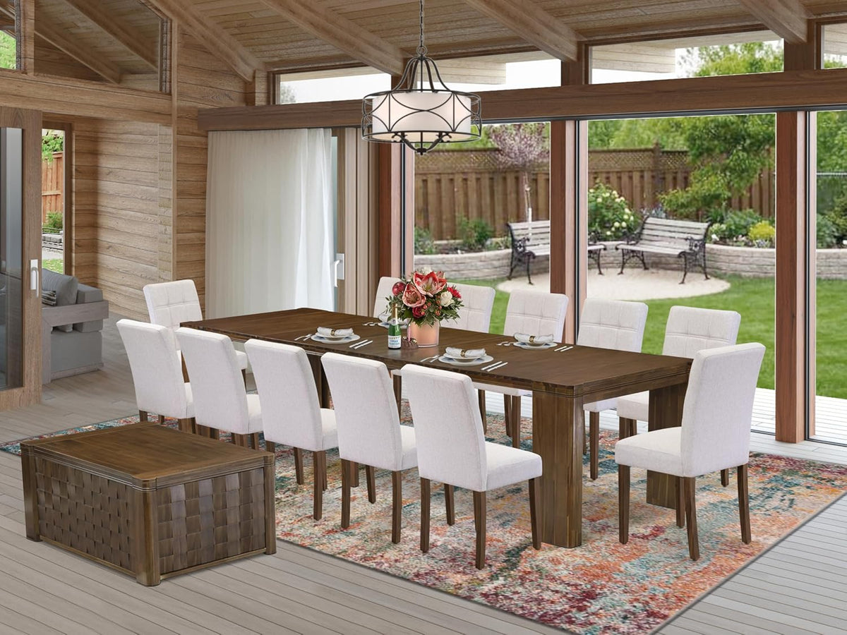 X12AS-0C8-27 - 14-Pc Dining Table Set contains an Extendable Rectangle Kitchen Table, 1 Coffee Table and 12 Polyester Fabric Dining Chairs, 39x120 Inch, Antique Walnut