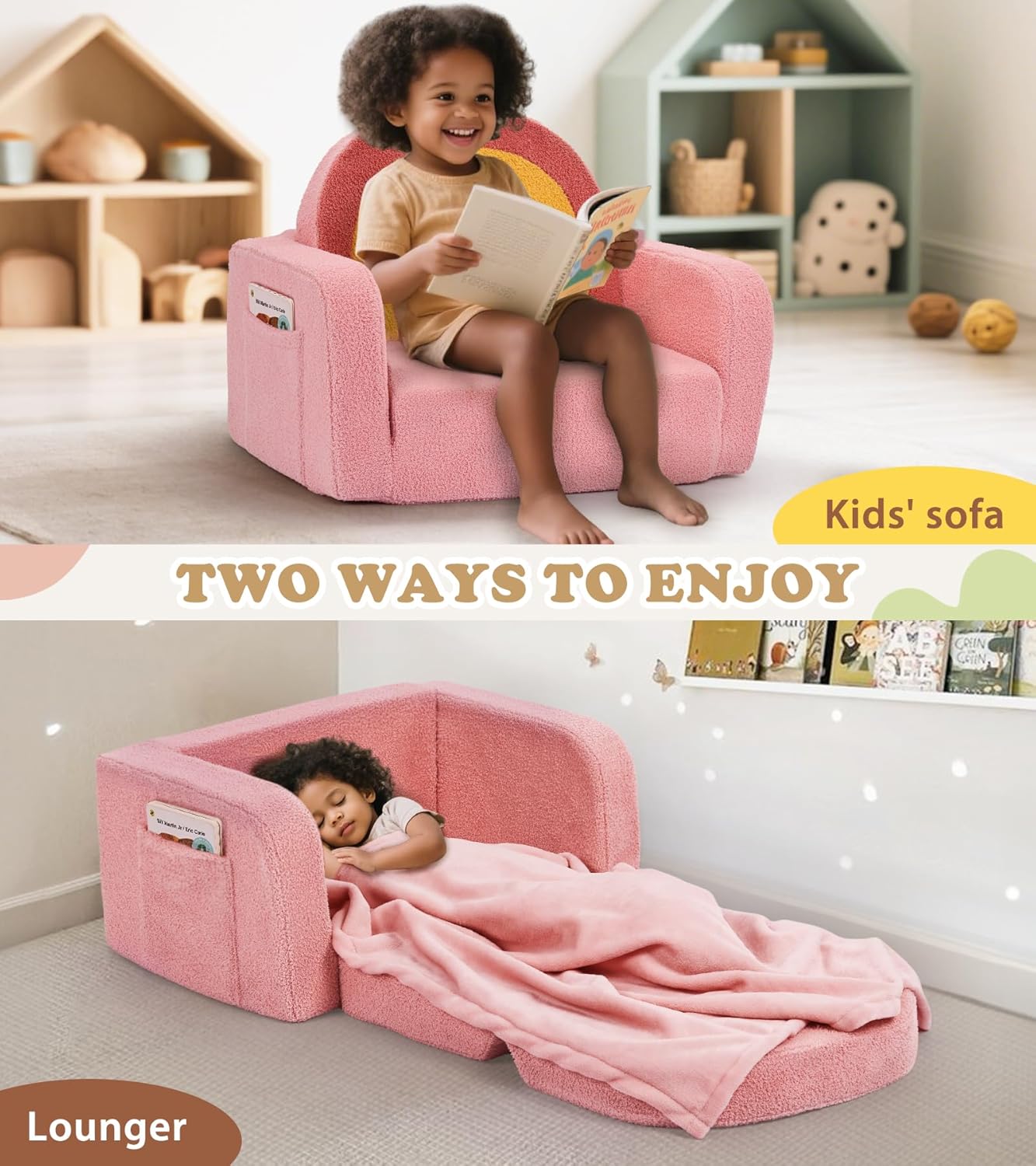 Kids Couch, 2-in-1 Soft Toddler Couch Fold Out with Blanket, Comfy Toddler Chair, Convertible Sofa to Lounger, Convertible Sofa to Lounger, Gifts for Kids Girl Boys, Medium Colorful Pink Rainbow