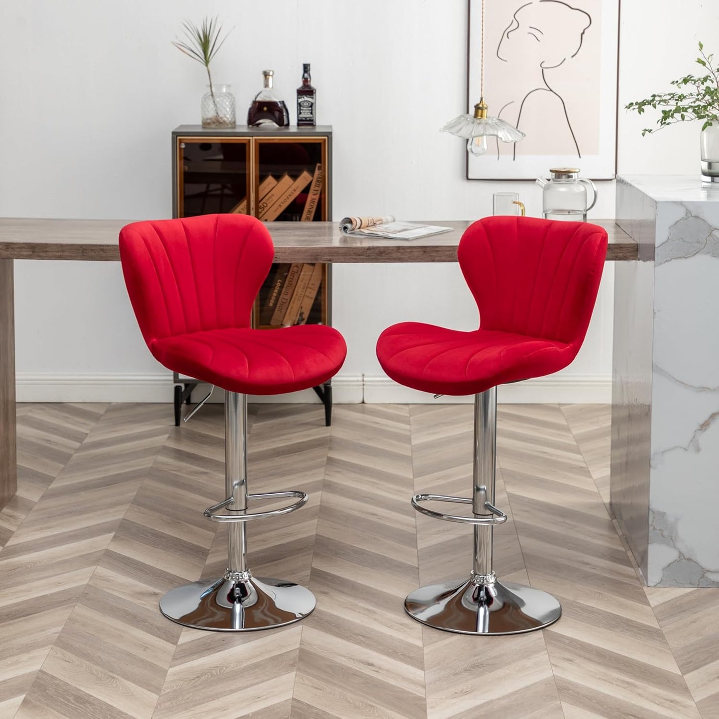 Roundhill Furniture Ellston Velvet Adjustable Swivel Barstools in Red, Set of 2