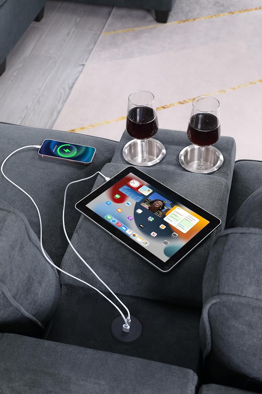 127" Modular Sectional Sofa with Movable Ottoman&Nailhead Trim Armrest,L-Shape Convertible Couch W/Cup Holder,USB Port&Hidden Storage Box,7 Seat Chenille Sectionals,6 Pillow,for Living Room,Gray