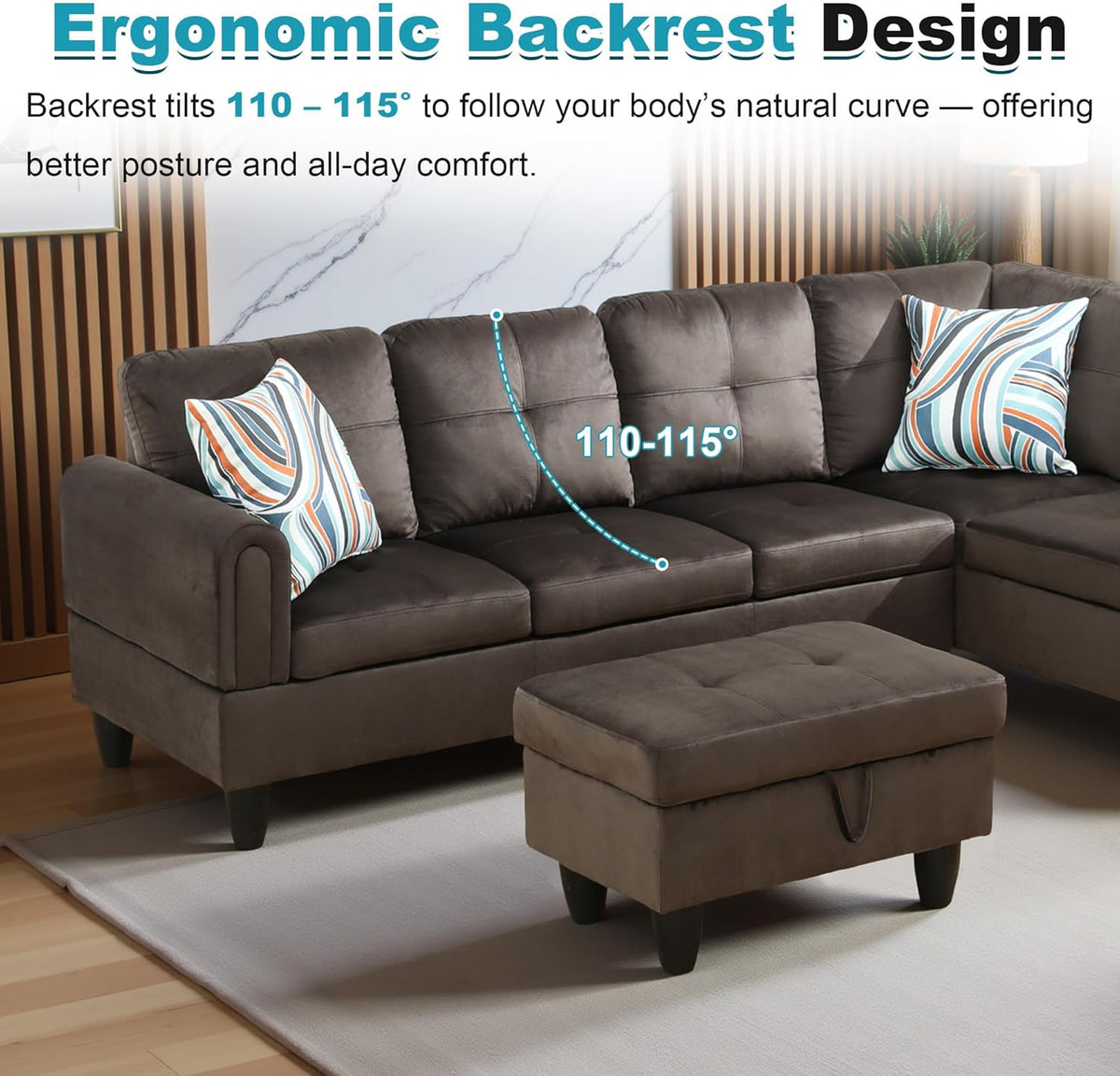 97" Oversized Sectional Couch, L Shaped Couch with Storage Ottoman, Modern Modular Sofa with Deep Seat, Sectional Couches for Living Room and Office, Dark Brown (Flannel)