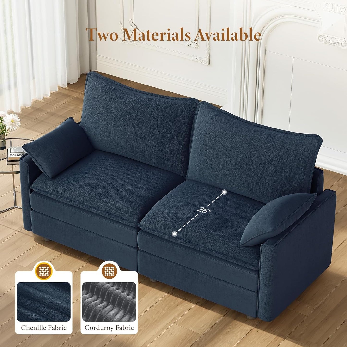 Vesgantti 74" Loveseat Sofa for Living Room, Comfy Cloud Couch Deep Seat Chenille Modern 2 Seater Small Sofa with Armrest Pillow, Easy Assembly for Small Spaces, Blue