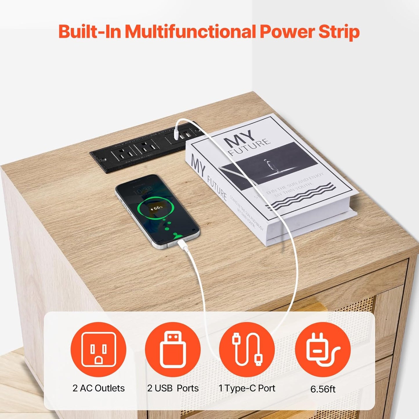 VEVOR Rattan Nightstand, Boho Bedside Table with 2 Drawers, End Table Nightstand with Solid Wood Legs, Rattan Bedside Table with Charging Station, for Bedroom