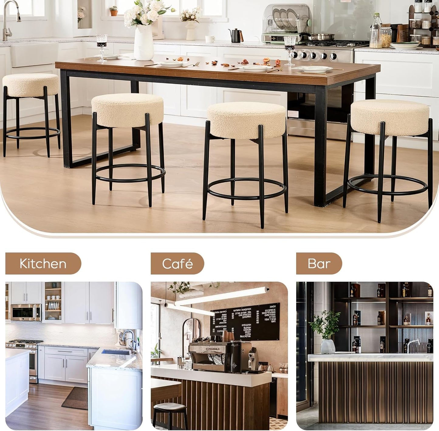 Dining Room Chairs Set of 8, 23.6" Sherpa Backless Beige Boucle Dining Chair, Mid Century Modern Living Room Round Upholstered Chairs with Black Metal Legs