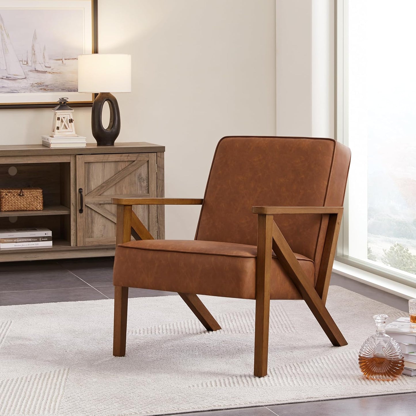 Yaheetech Accent Chair Faux Leather Armchair Lounge Chair with Wood Frame, Modern Retro Lounge Chair for Living Room/Office/Reception Area, Light Brown