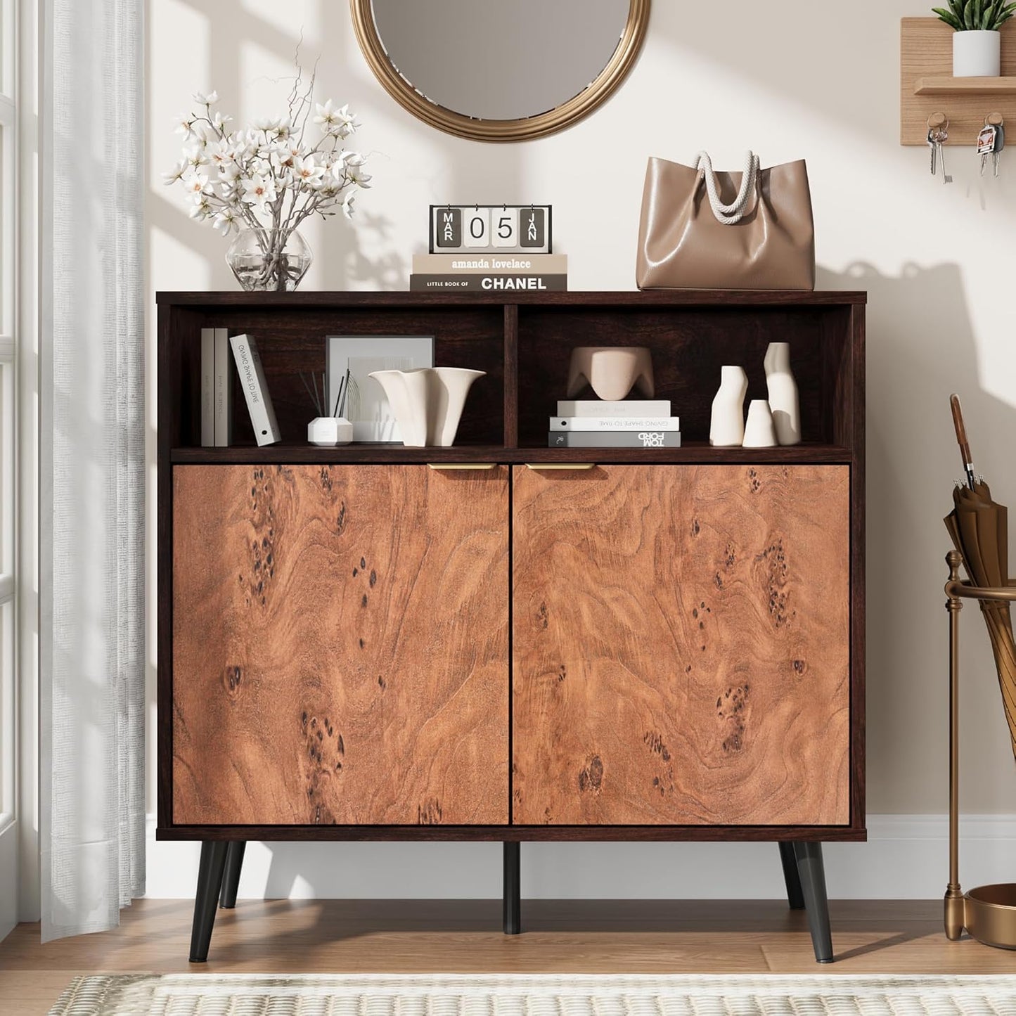 GarveeHome Buffet Cabinet with Drawers, 31.5'' Large Sideboard Buffet Credenza Storage Cabinet with Shelves and Doors, Coffee Station Cabinet with Metal Handle, Robot Vacuum Friendly (Walnut)
