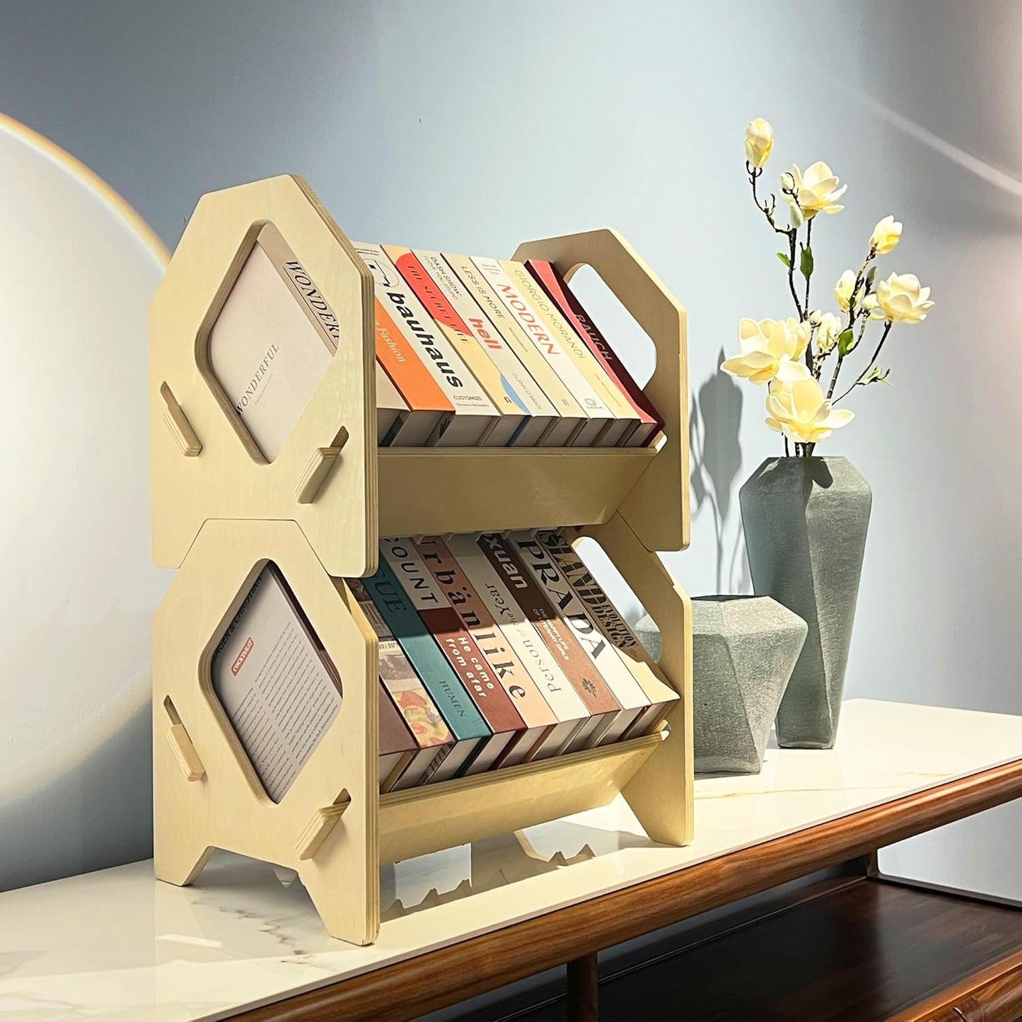 2 Pack Desktop Bookshelf, Stackable Book Organizer with Handle, Storage Rack for CD/Magazine/File Folder, Portable Small Bookshelf for Study, Living Room, Kid's Room, No Nails, Medium Size