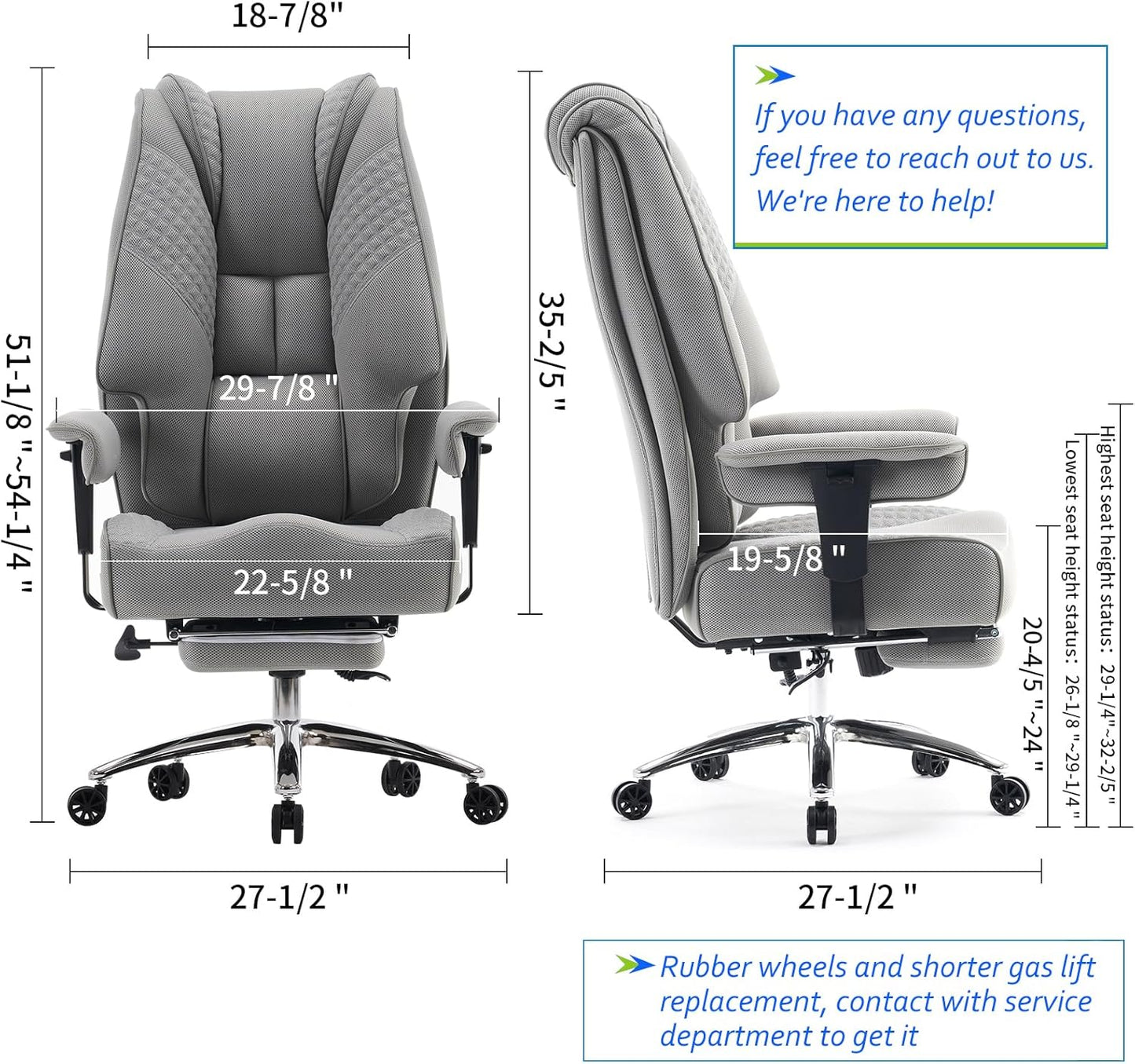 Big and Tall Office Chair 400lbs Wide Seat, Leather High Back Executive Office Chair with Foot Rest, Ergonomic Chairs Lumbar Support for Lower Back Pain Relief (Mesh Light Grey)