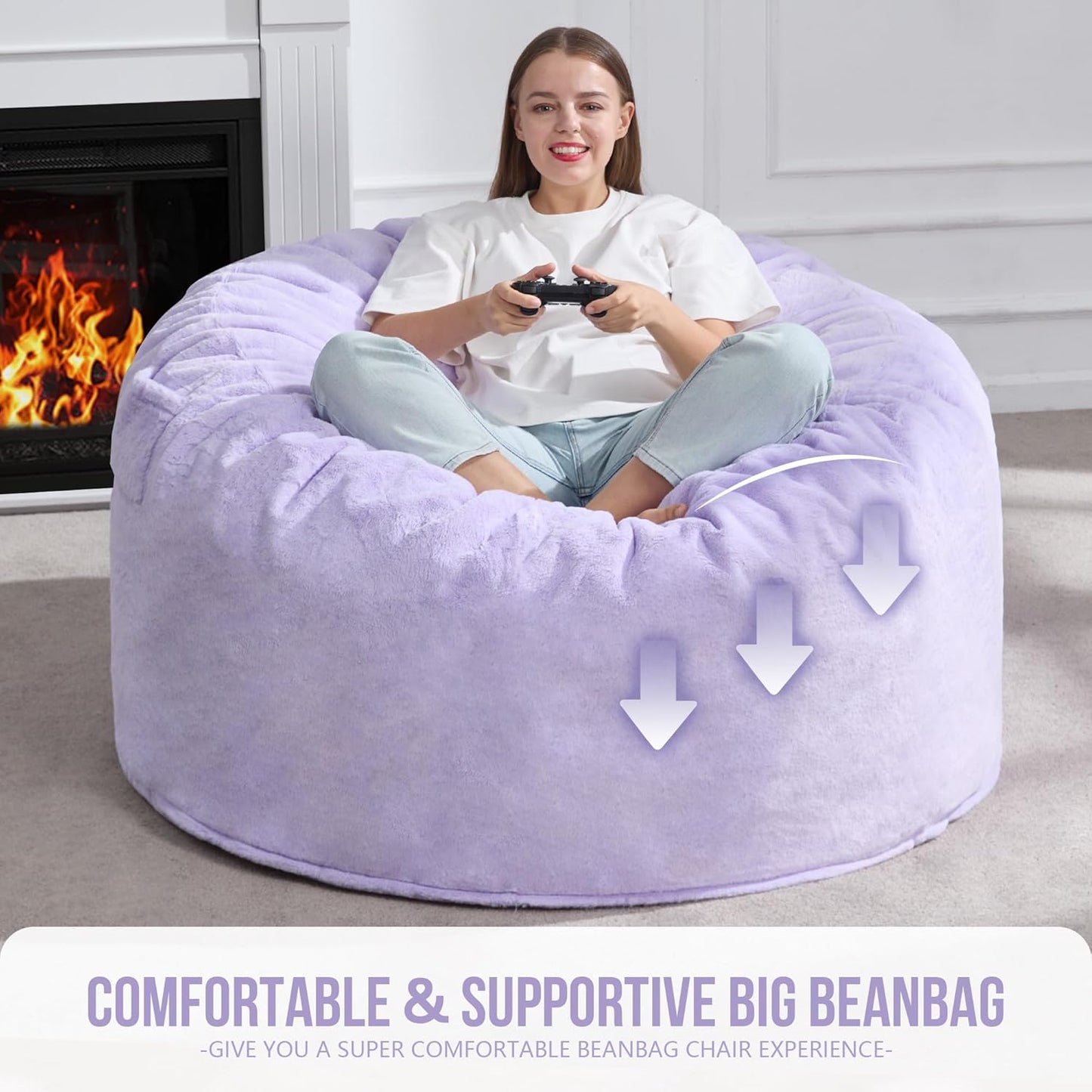 Hobestluk 4ft Bean Bag Chairs for Adults Large Beanbag Chair with Plush Faux Fur Cover Big Bean Bag Chair for Living Room Bedroom Dorm Office - Purple (44” x 44” x 24”)