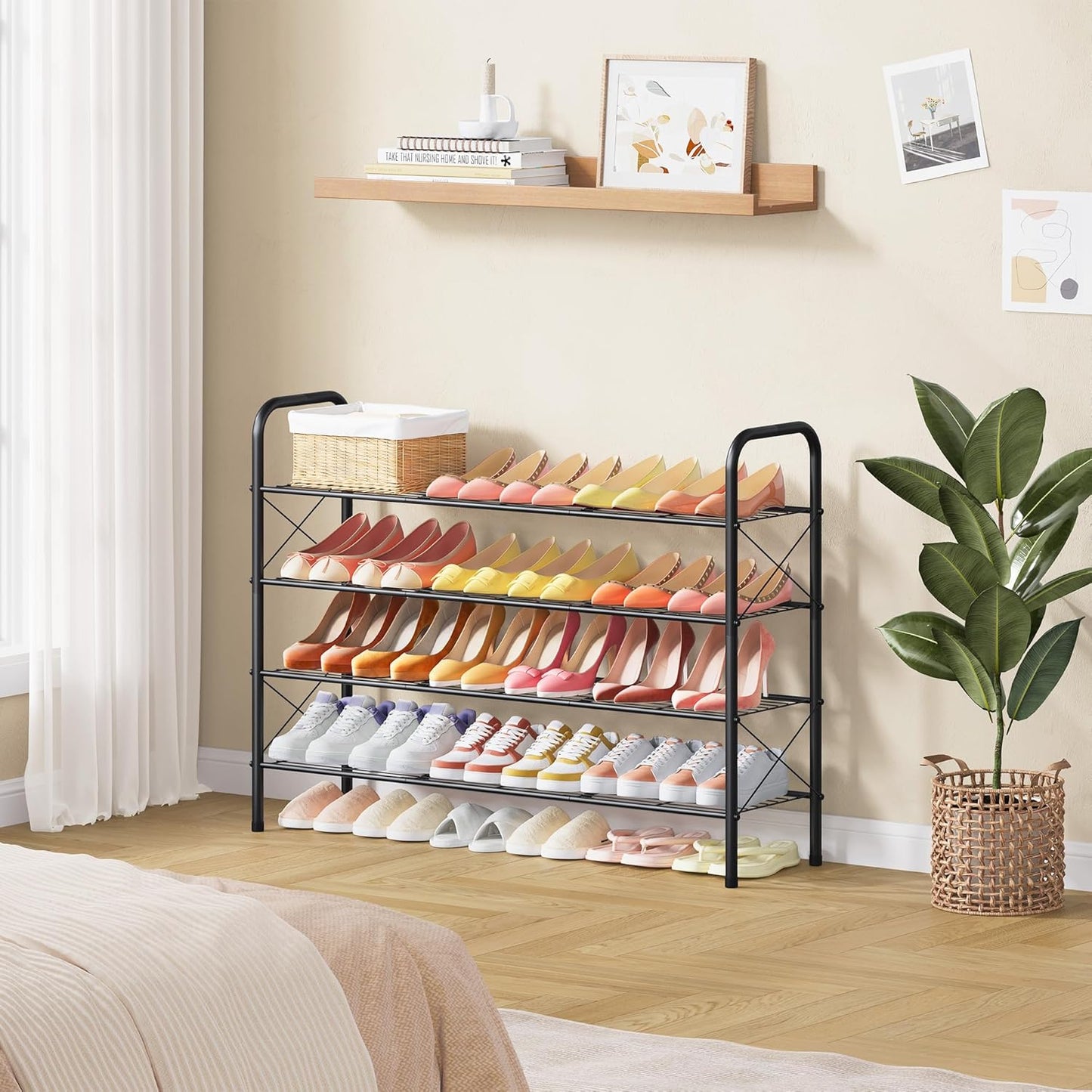 Hoctieon 4 Tier Mesh Style Shoe Rack, Entryway Shoe Shelf, Shoe Storage Organizer, Shoe Rack for Closet, Space Save for Bathroom, Garage, Hallway, Bedroom, Living Room, Black