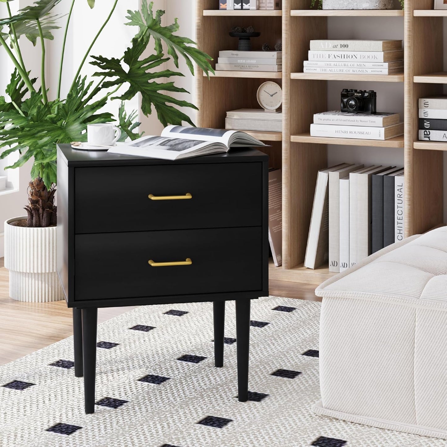 Black Nightstand with 2 Drawers,Tall Modern Night Stand Black, Wooden Night Stands for Bedroom, Bed Side Table, End Table, Gold Handle