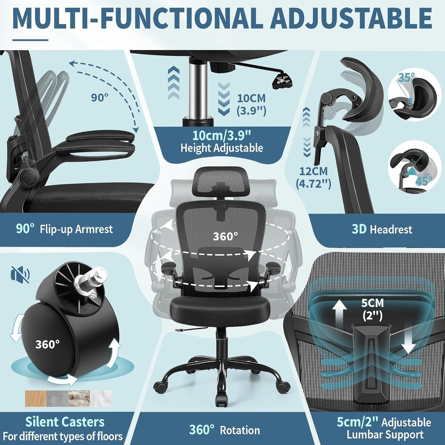 FelixKing Ergonomic Office Chair, Headrest Desk Chair with Adjustable Lumbar Support, Home Office Swivel Task Chair with High Back and Armrest, Adjustable Height Gaming Chair(Black),Pack of 5