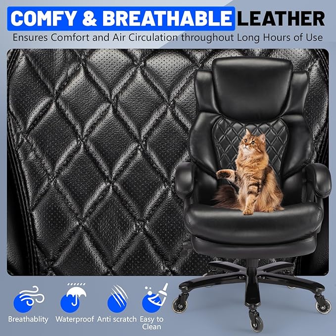 600lbs Big and Tall Office Chair, Executive Chair with Adjustable Headrest, High Back Extra Wide Seat, Heavy Duty PU Leather for Home Office, Comfortable Large Computer Desk Chair