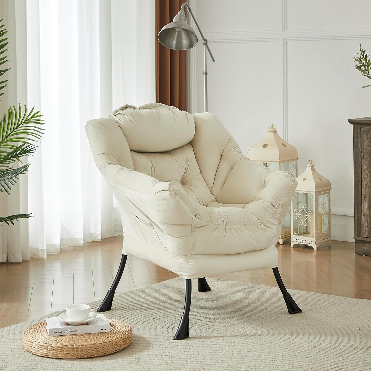 HollyHOME Modern Fabric Large Lazy Chair, Accent Oversized Comfy Reading Chair, Thick Padded Cozy Lounge Chair with Armrest, Steel Frame Leisure Sofa Chair for Living Room, Bedroom, Dorm, Beige