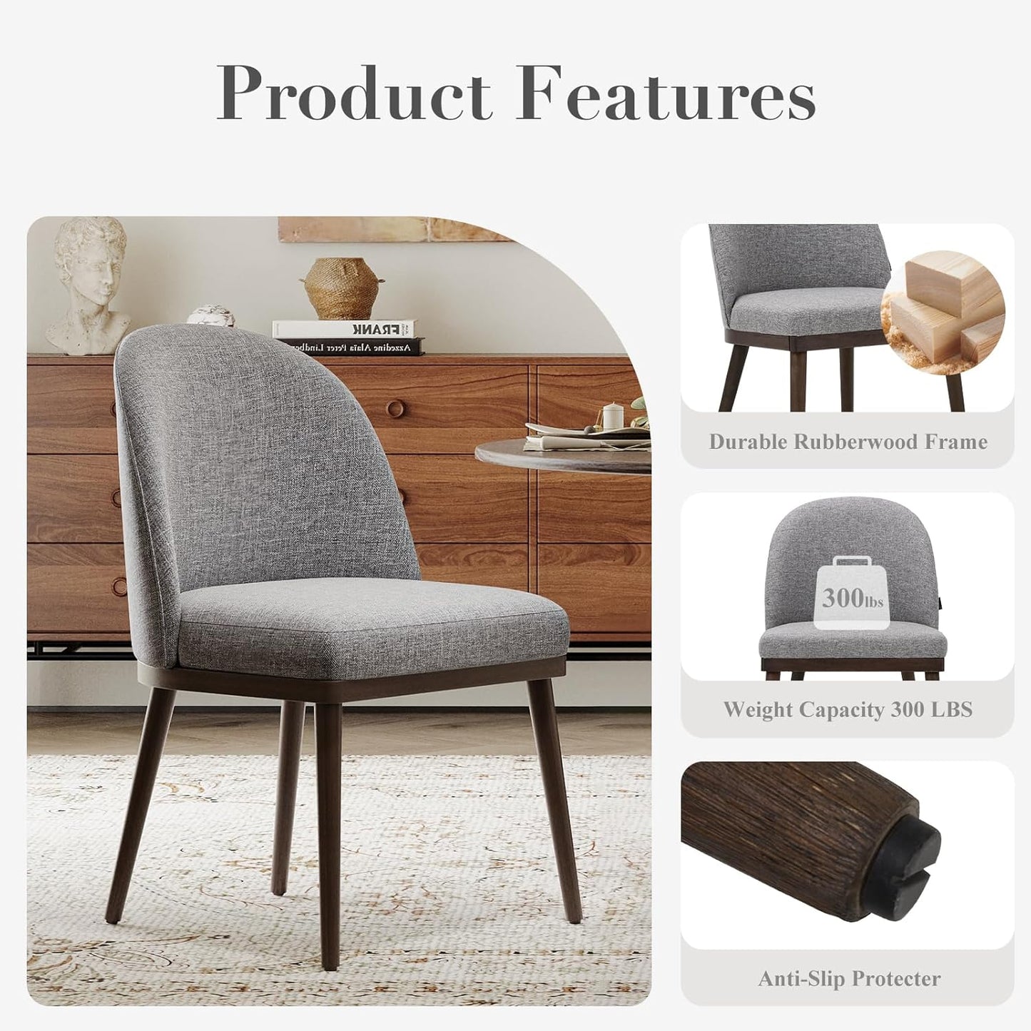 COLAMY Upholstered Dining Chairs Set of 4, Large Dining Room Kitchen Chairs with High Back and Deep Seat, Modern Fabric Dinner Chairs with Wood Legs, Dark Grey