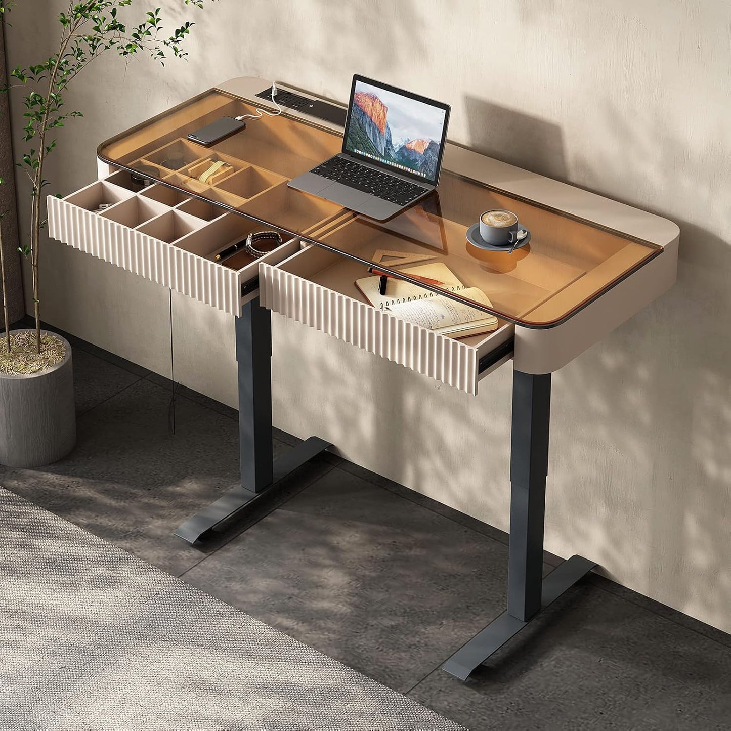 Lartis Office Desk, Electric Computer Lift Table Standing Desk with Drawer Charging USB Port, Home Office Laptop Table with Drawer