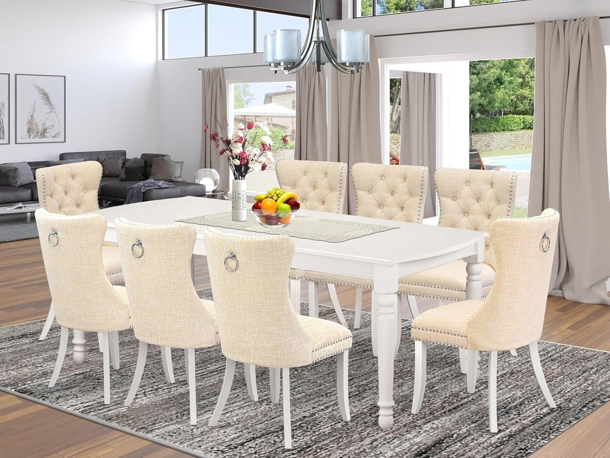 East West Furniture DODA9-LWH-32 9 Piece Kitchen Table Set Contains a Rectangle Dining Table with Butterfly Leaf and 8 Polyester Fabric Upholstered Chairs, 42x78 Inch, linen white